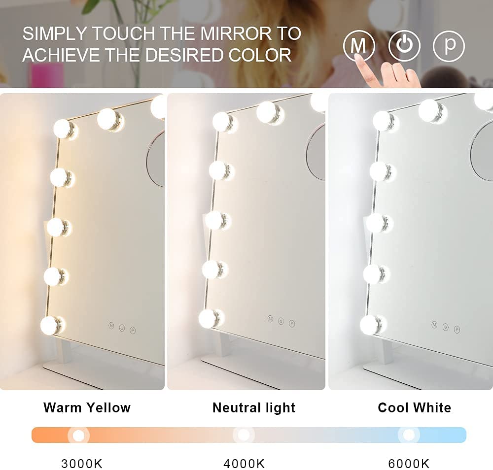 Depuley 18 x 17 Inch Lighted Makeup Mirror with 12 Dimmable LED Bulbs - 3 Color Lighting, 10X Magnification, 360° Swivel & Touch Control (47 x 44 cm) - Perfect for Vanity, Dressing Room & Professional Makeup Application