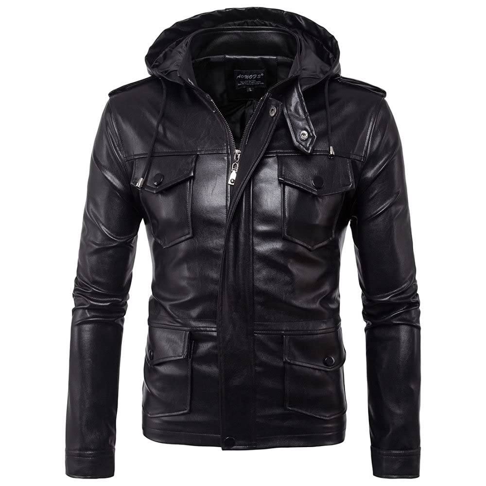 DAMAITS Men's PU Leather Jacket - Motorcycle Biker Jacket with Hood & Multiple Pockets, Slim Fit for Casual Wear & Outdoor Riding