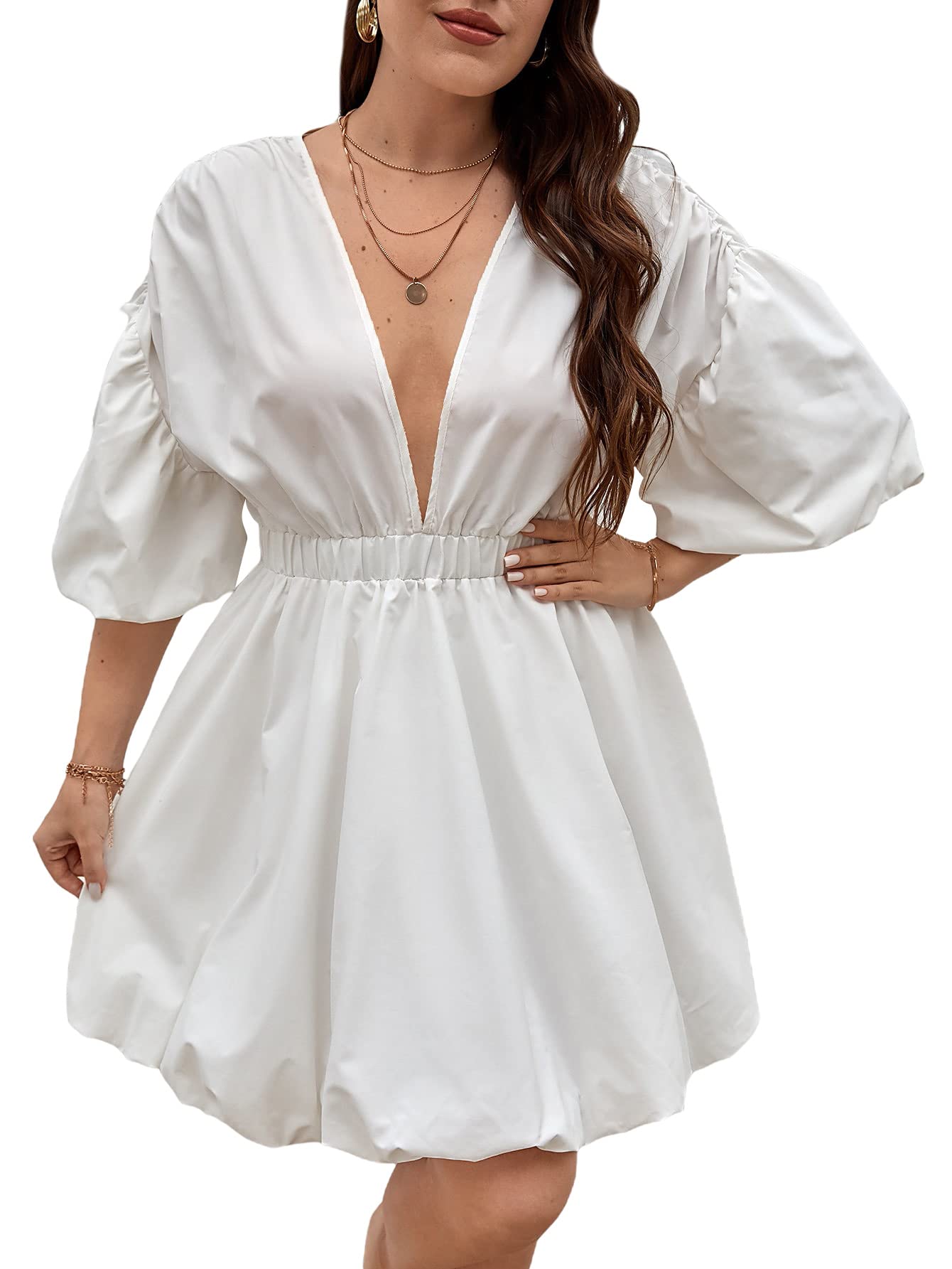WDIRARA Women's Plus Size Deep V Neck Puff Lantern Sleeve Flowy Flare A-Line Mini Dress - Elegant Party, Wedding Guest & Casual Summer Outfit