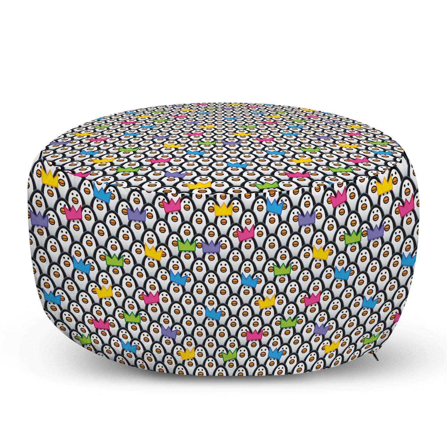 Ambesonne Sea Animals Ottoman Pouf - Penguins Wearing Colorful Party Hats & Crowns, Soft Foot Rest with Removable Cover for Living Room & Bedroom Decor - Perfect for Cozy Seating, Kids Play Area & Home Theater Lounging