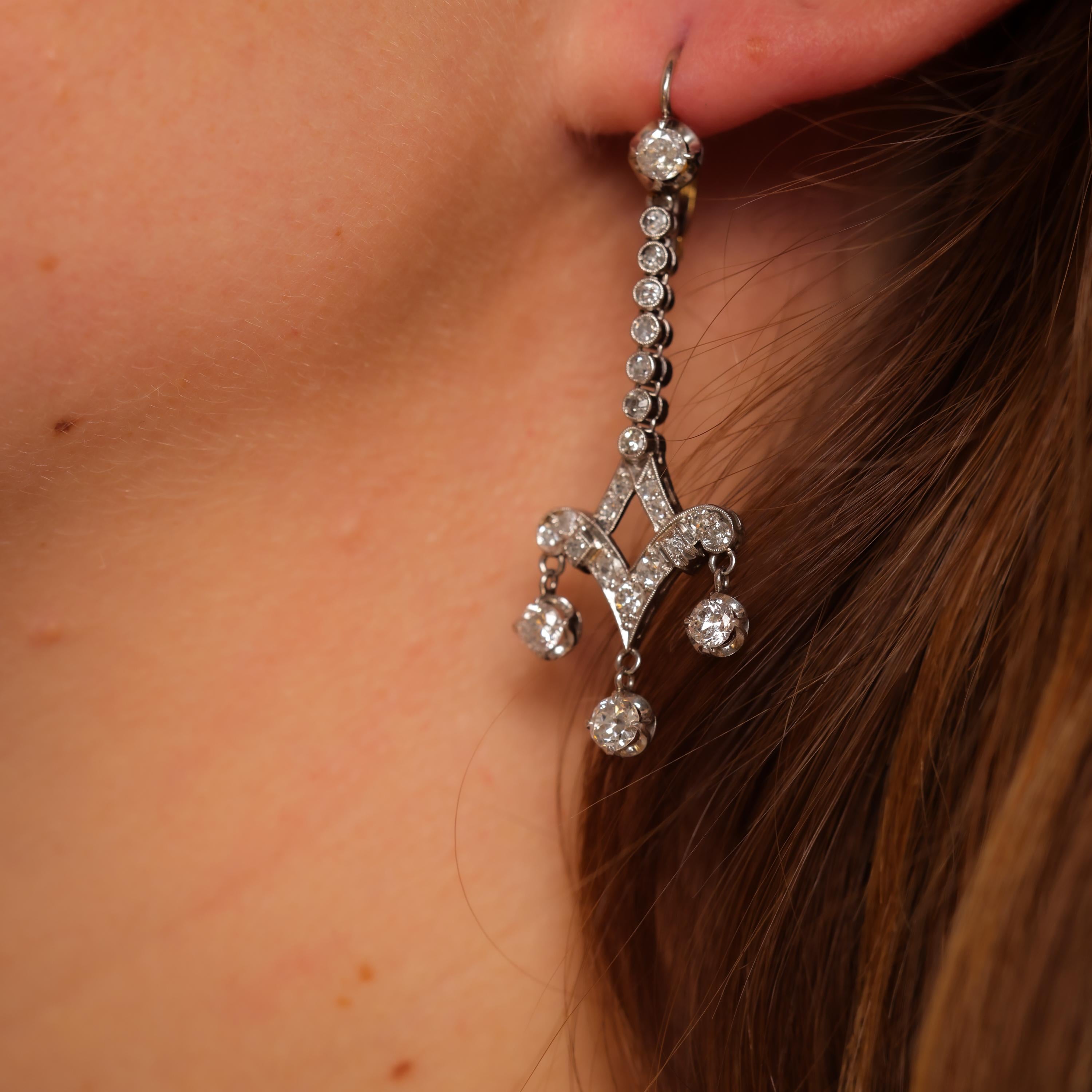 Art Deco Inspired 3 Carat Diamond Platinum Drop Earrings for Women - Vintage Style Dangle Earrings for Weddings, Parties & Special Occasions