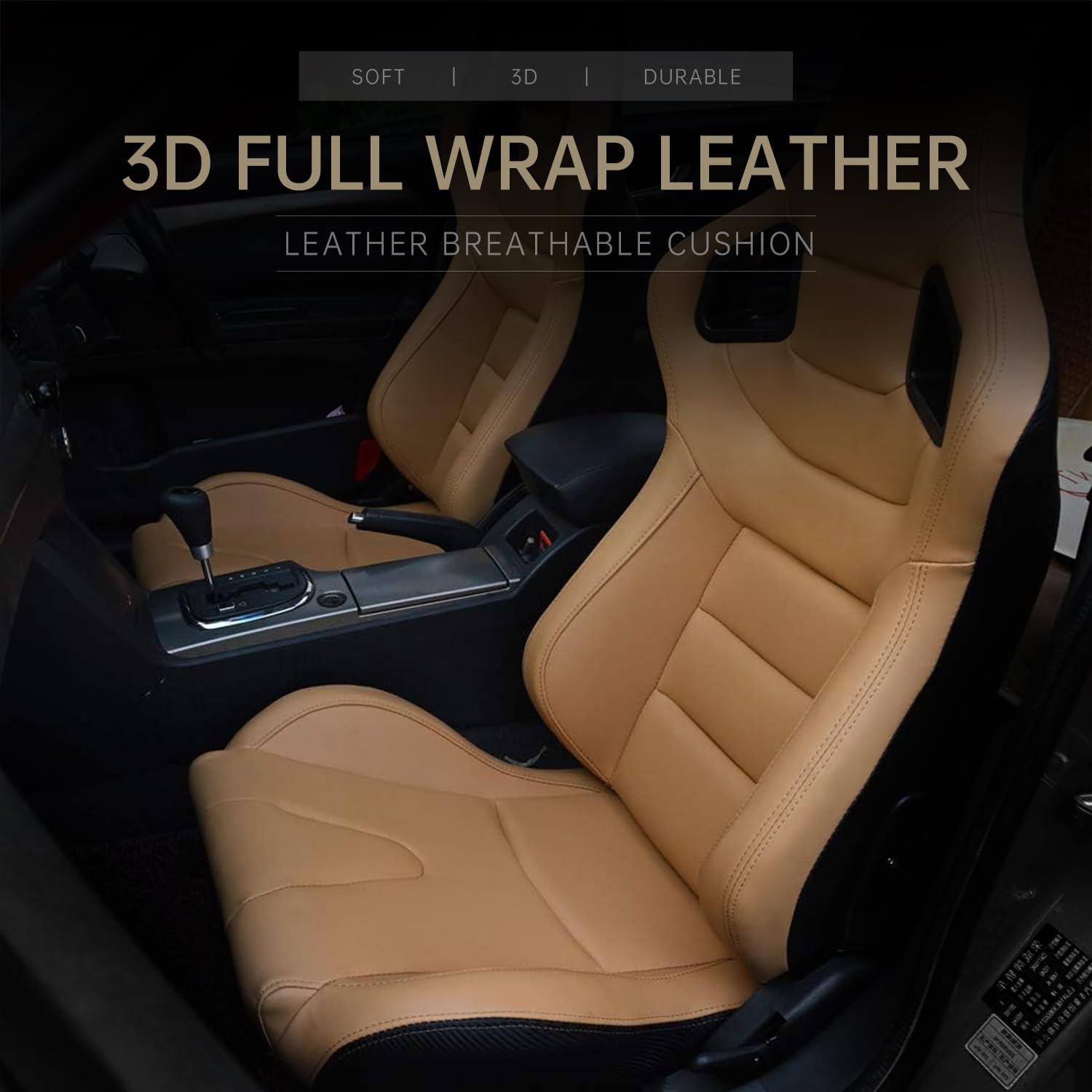 2 Pcs Adjustable Universal Racing Seats with Double Sliders - PVC Leather Reclinable Bucket Seats for Cars, Trucks & SUVs (Beige with Beige Stitching, 23.2
