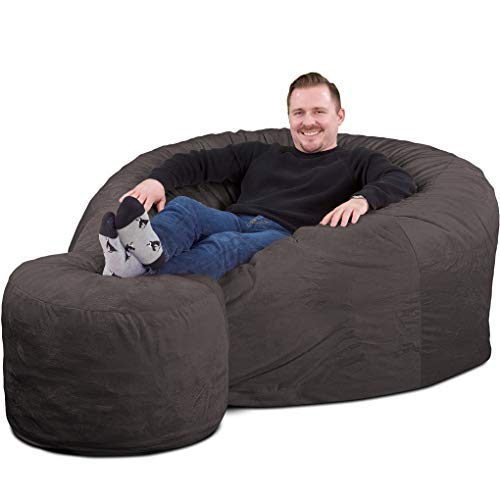 ULTIMATE SACK 5ft Oversized Bean Bag Chair with Footstool - Grey Suede Lounge Furniture for Adults | Perfect for Living Room, Game Room & Dorm Relaxation