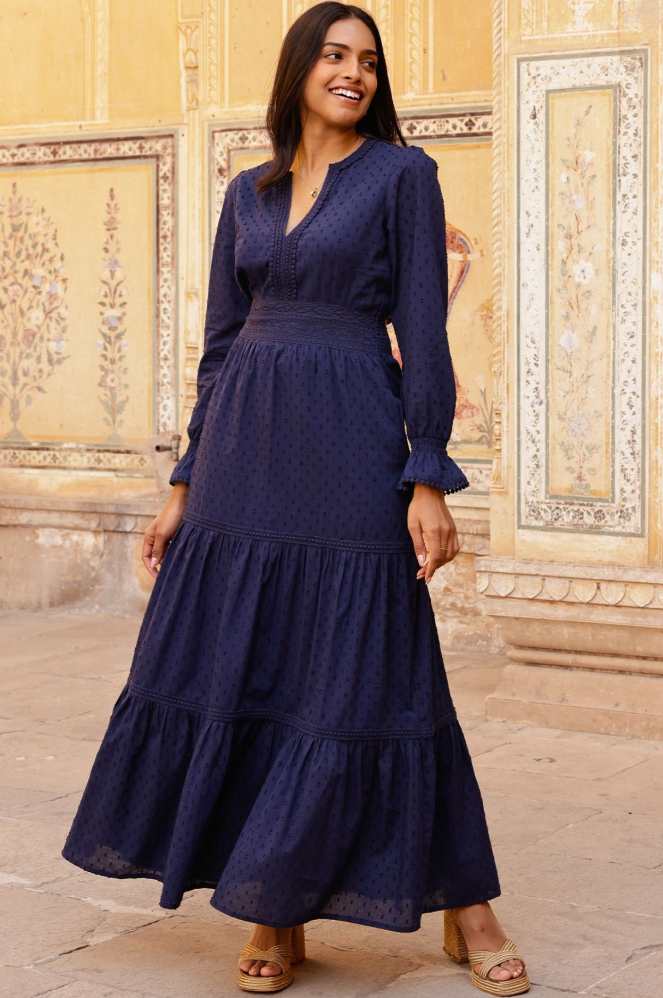 Purdie Organic Cotton Dobby Dress for Women - Navy Blue Casual Summer Dress | Perfect for Beach, Office, and Everyday Wear