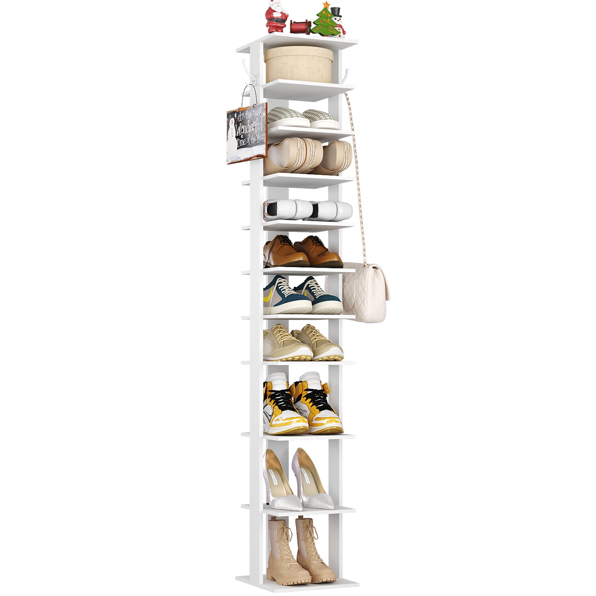 HOMEFORT 10-Tier Vertical Shoe Rack Organizer - Space Saving Corner Shoe Tower with 2 Hanging Hooks - Slim Wooden Shoe Storage Stand for Entryway, Hallway, Closet - Perfect for Small Spaces & Shoe Lovers (White)