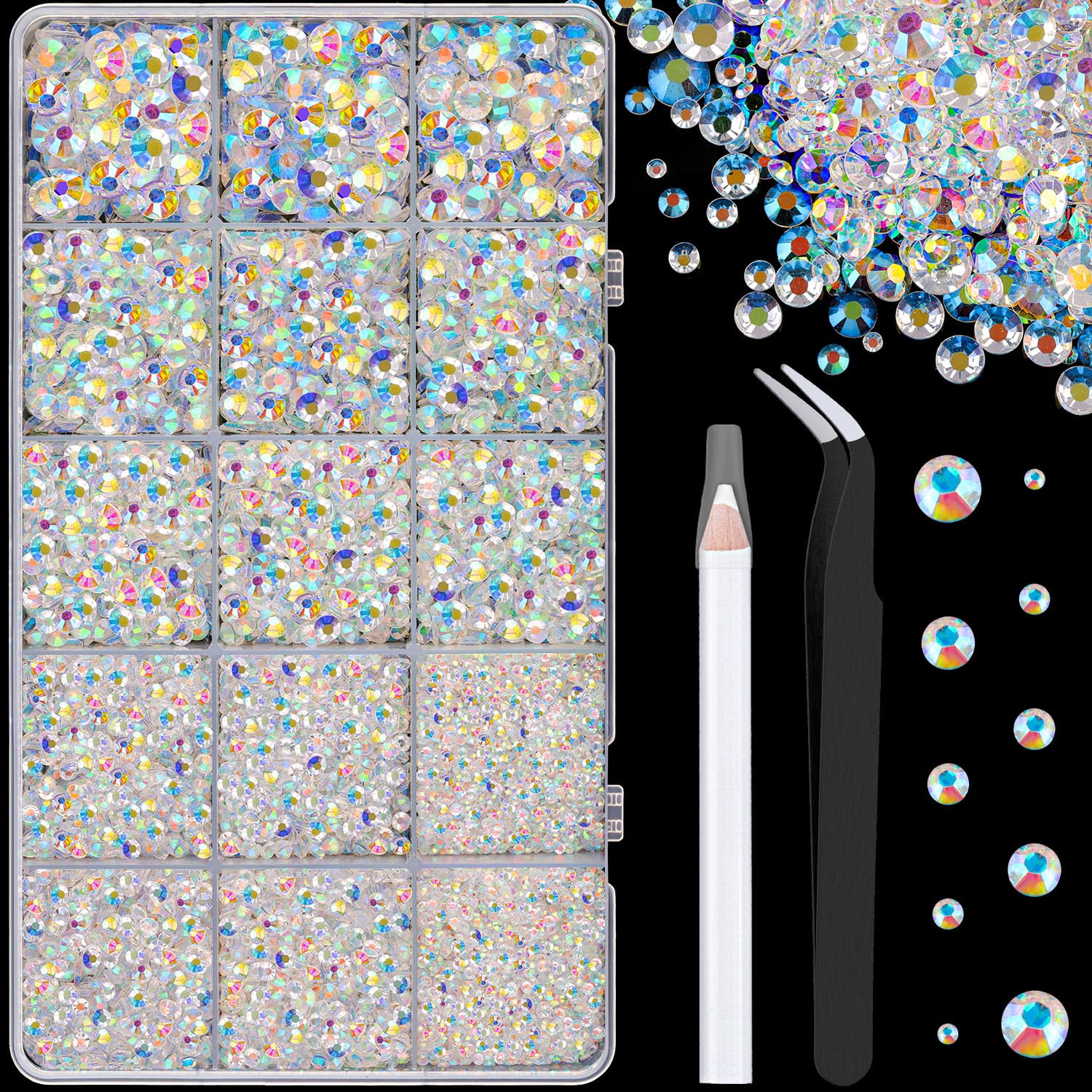 16,000Pcs Resin Jelly Rhinestones with Tweezers - Transparent AB 2-6mm Mixed Sizes Flatback Gems for DIY Crafts, Clothing, Tumblers, Mugs, Shoes & Nail Art | Perfect for Bedazzling, Scrapbooking & Home Decor Projects