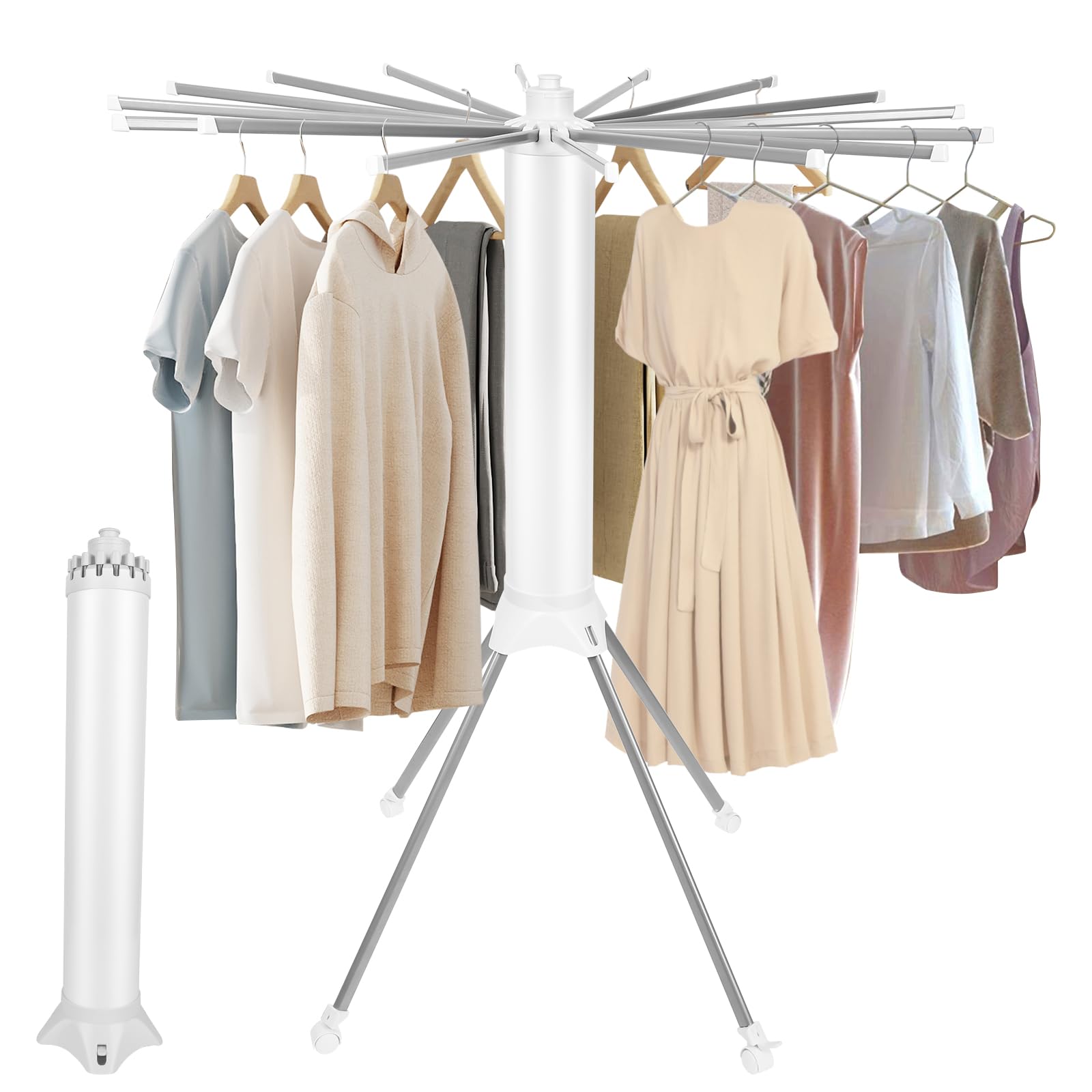 Foldable 4-Legged Clothes Drying Rack with 4 Pulleys & 16 Racks - Portable Laundry Drying Stand for Indoor, Balcony, Poolside & Camping Use - White Space-Saving Clothes Airer for Apartments, Dorms & Travel