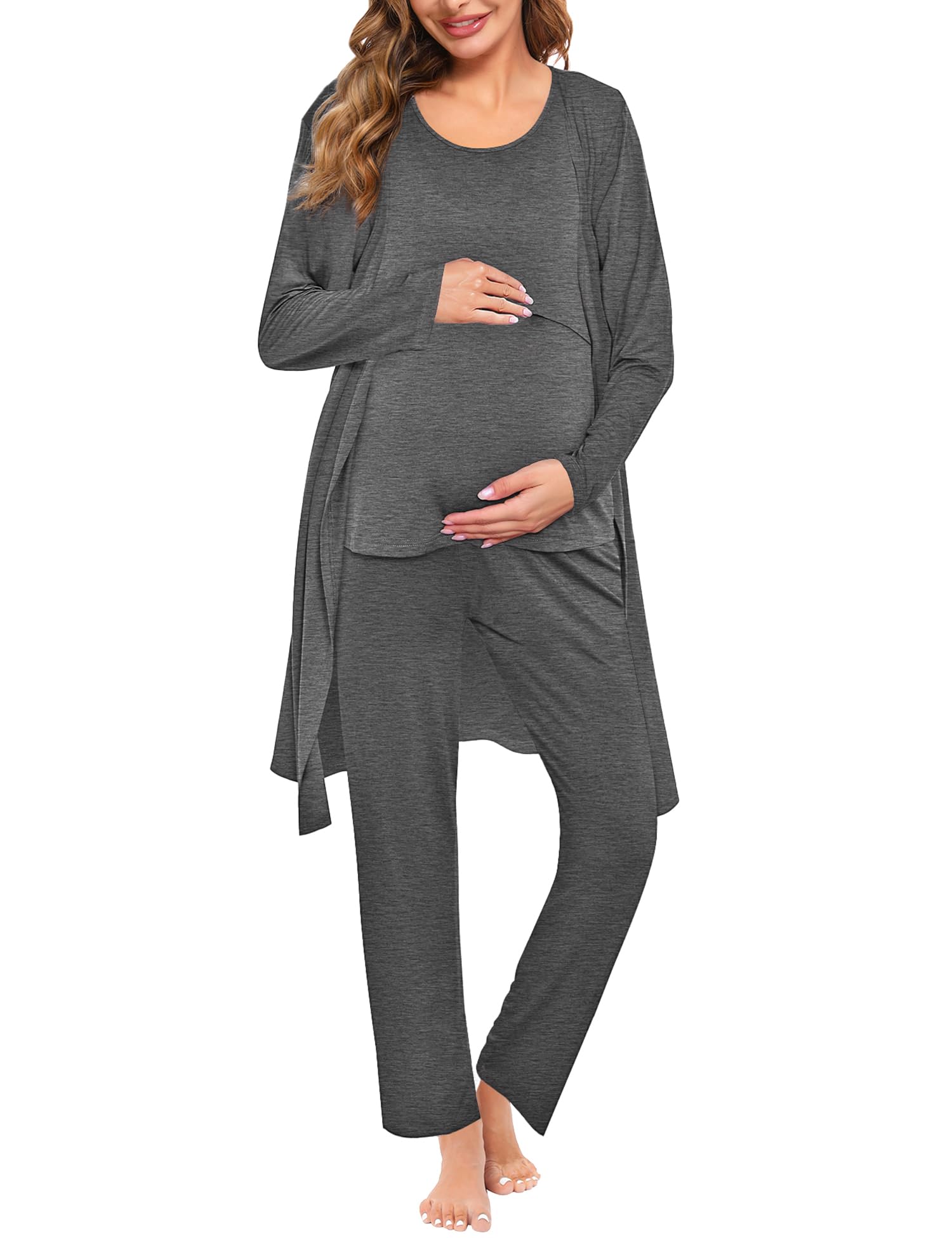 SWOMOG 3-Piece Maternity Nursing Robe Set - Soft Postpartum Pajamas for Breastfeeding, Labor & Delivery - Comfortable Hospital Pregnancy Pjs for New Moms (Perfect for Nursing, Recovery & Skin-to-Skin Bonding)