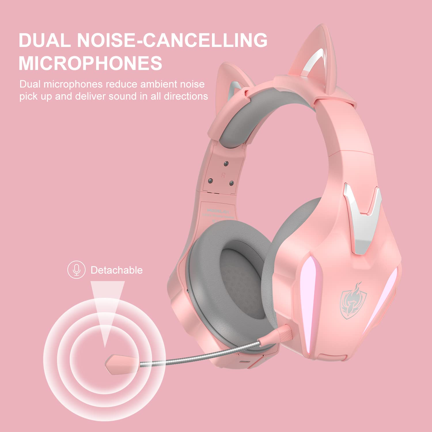 PHOINIKAS Wireless Gaming Headset for PS4, PS5, PC, Nintendo Switch & Xbox Series - 2.4GHz Wireless Headphones with Detachable Noise Canceling Mic, 7.1 Surround Sound, 3.5mm Wired Mode (Pink & Grey) - Perfect for Competitive Gaming, Streaming & Late-Night Sessions