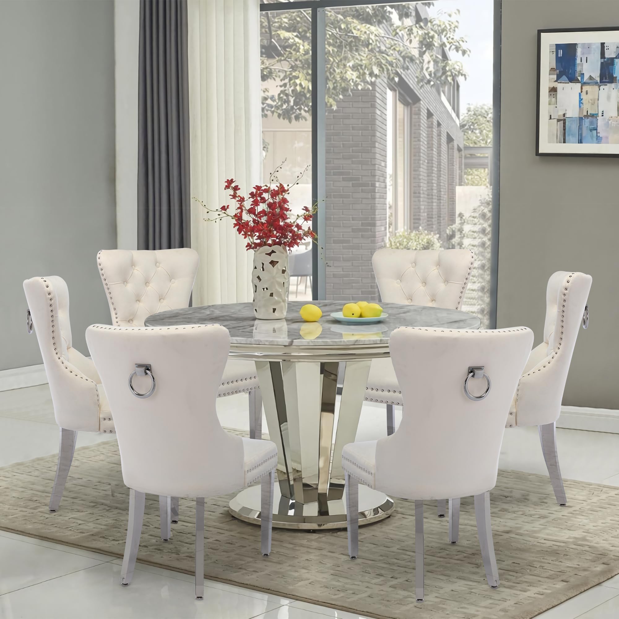 Luxury Velvet Dining Chairs Set of 2 - Tufted Upholstered Dining Room Chairs with Stainless Steel Legs & Ring Pull Design, Beige - Perfect for Modern Dining Rooms, Kitchen Breakfast Nooks & Elegant Home Decor