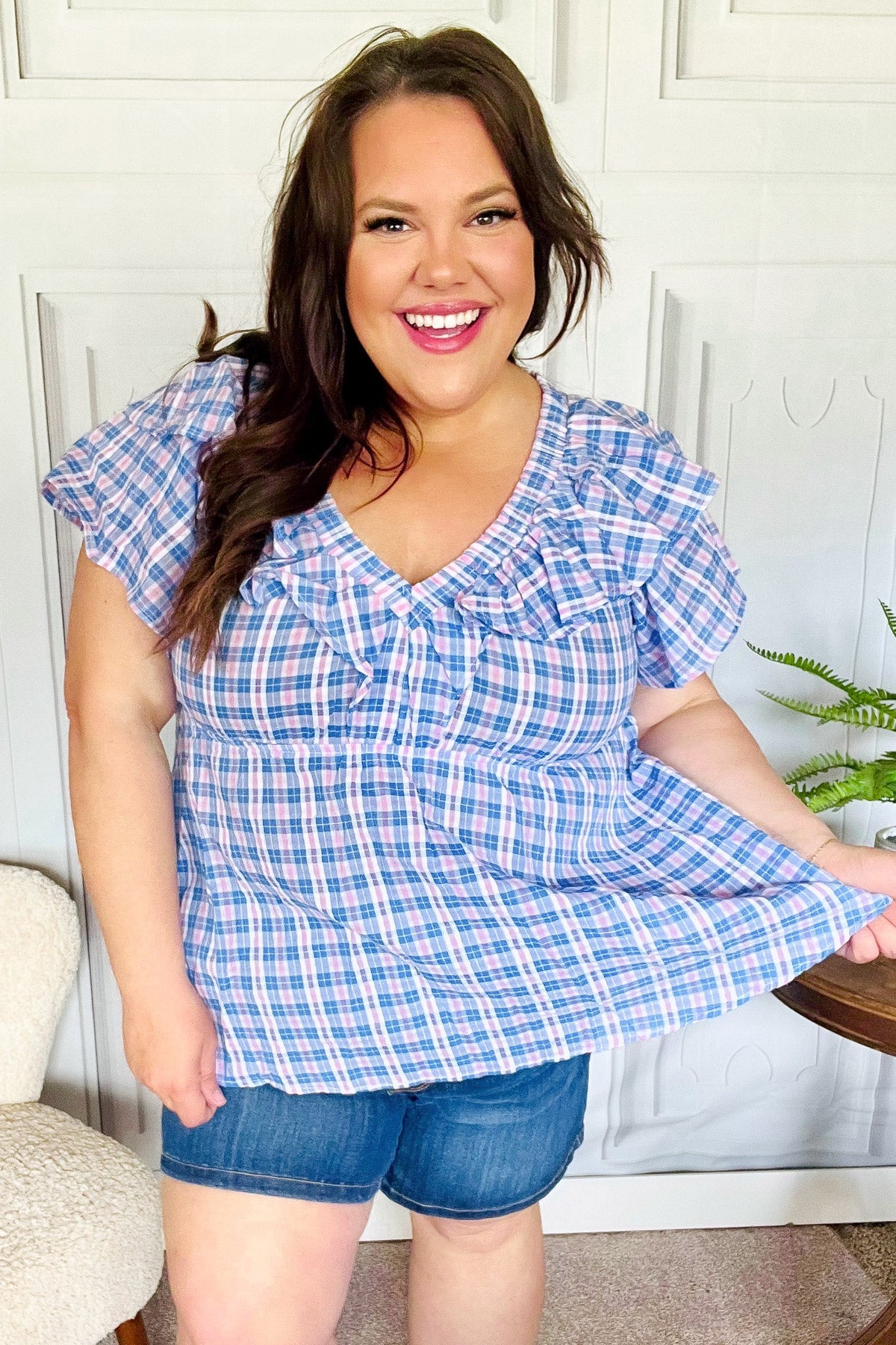 Stylish Blue Plaid V-Neck Ruffle Elastic Babydoll Top for Women - Perfect for Casual Outings, Dates & Summer Fashion