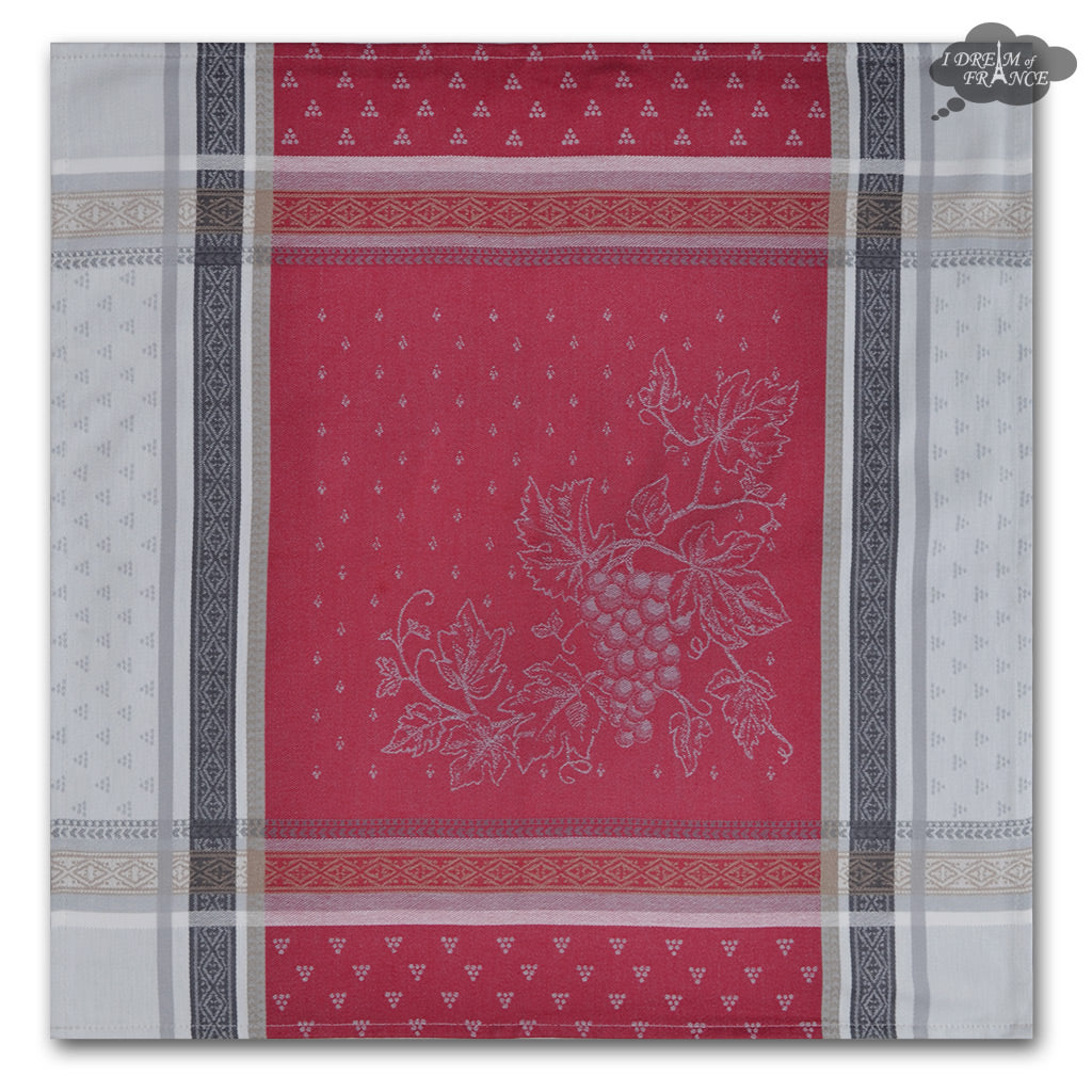 Premium French Cotton Jacquard Napkins - Red & Gray Winery Collection by Tissus Toselli | Elegant Dining & Table Setting for Restaurants, Weddings & Special Events