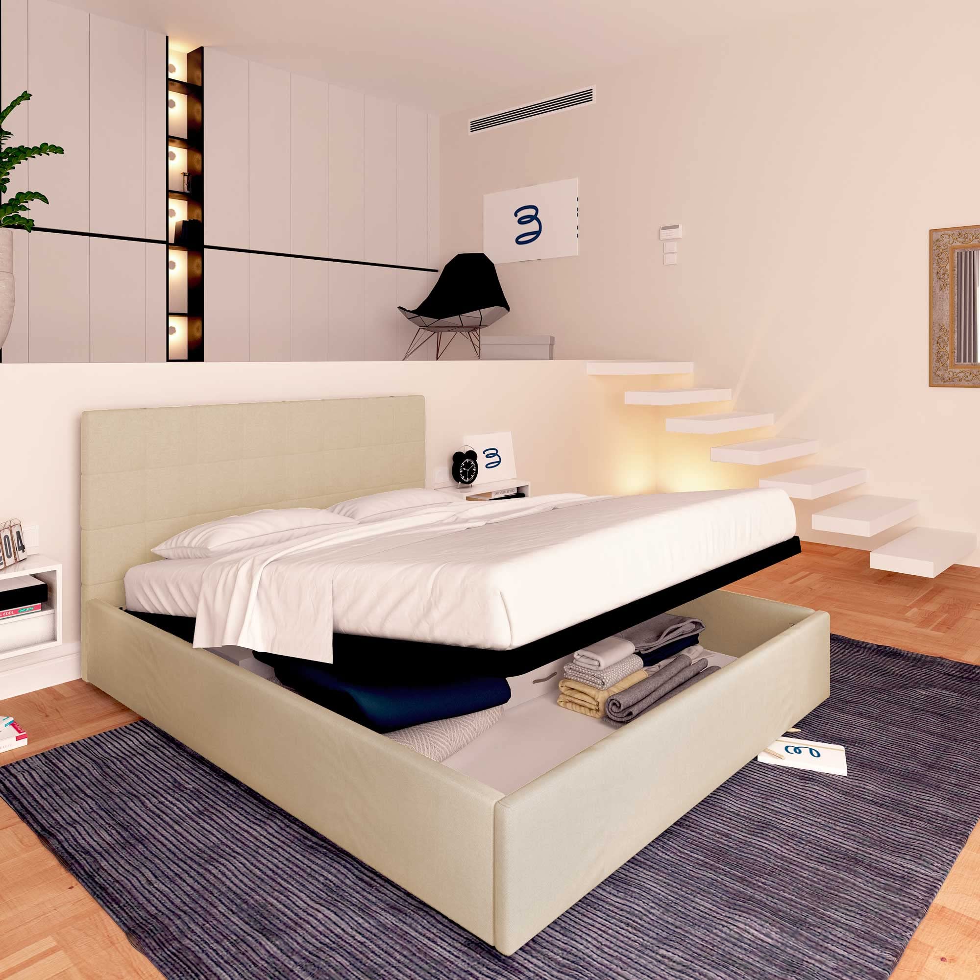Baldiflex Single Bed Frame with Storage, Dublin Fabric Design, Slatted Base for Single Mattresses, 80 x 190 cm, Elegant Beige Headboard - Perfect for Small Bedrooms, Guest Rooms & Studio Apartments