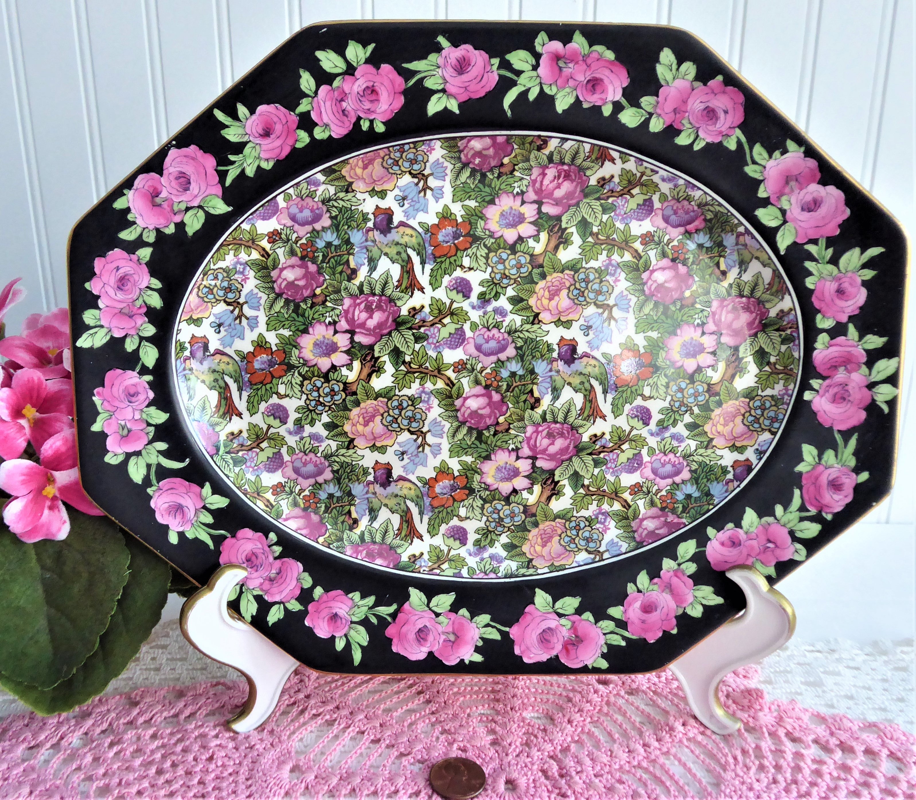 Vintage Roseland Chintz Platter 11 Inches - 1930s Floral Dinner Plate with Roses, Black Bands, Birds & Crown Ducal Design - Perfect for Tea Parties, Vintage Tableware Collections & Home Decor