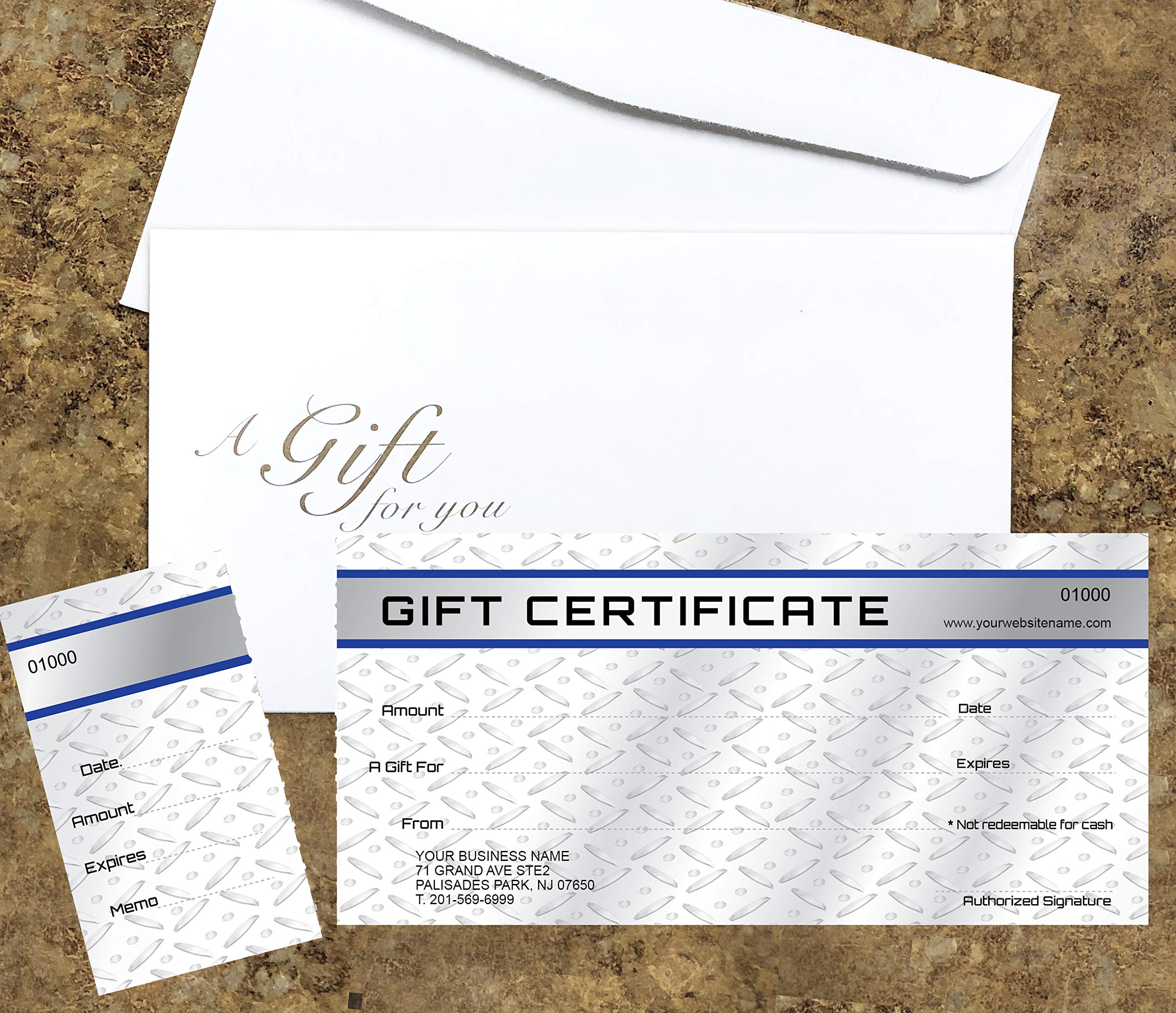 Personalized Gift Certificate Cards with Envelopes - 100 Pack Metal Plate Design - Custom Coupons & Vouchers for Small Business - Perfect for Retail Rewards, Employee Recognition & Customer Loyalty Programs