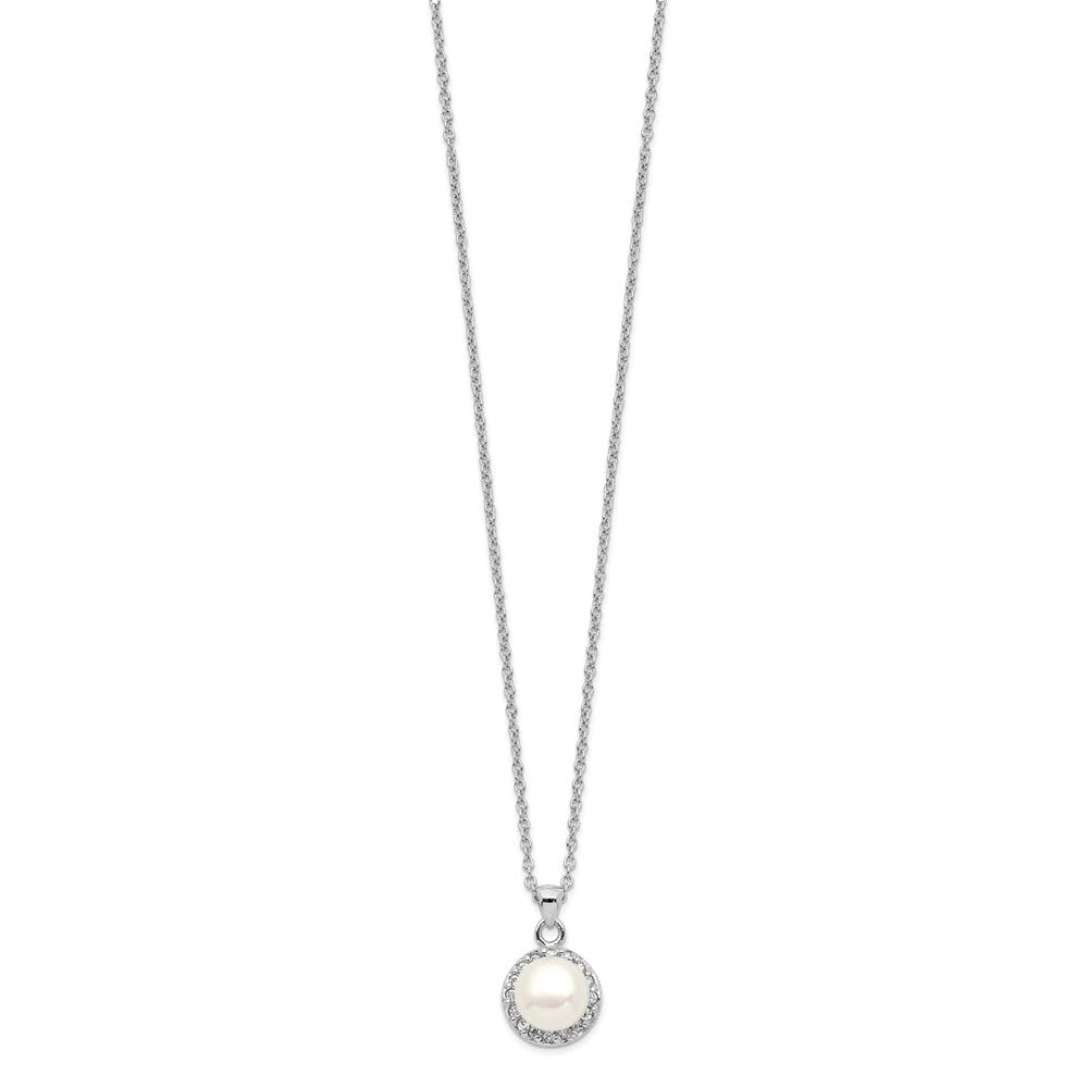925 Sterling Silver White Button Freshwater Cultured Pearl & Cubic Zirconia Necklace for Women | Elegant Fine Jewelry Gift for Her | 7-8mm Pearls, 17