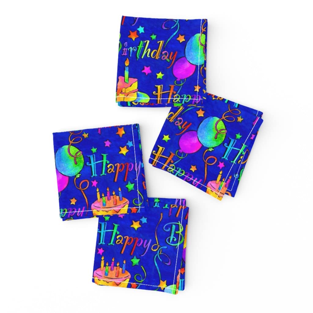 Colorful Rainbow Birthday Party Cocktail Napkins (Set of 4) - Linen Cotton Canvas Printed with Balloons, Cake & Streamers - Perfect for Kids Celebrations, Baby Showers & Festive Gatherings
