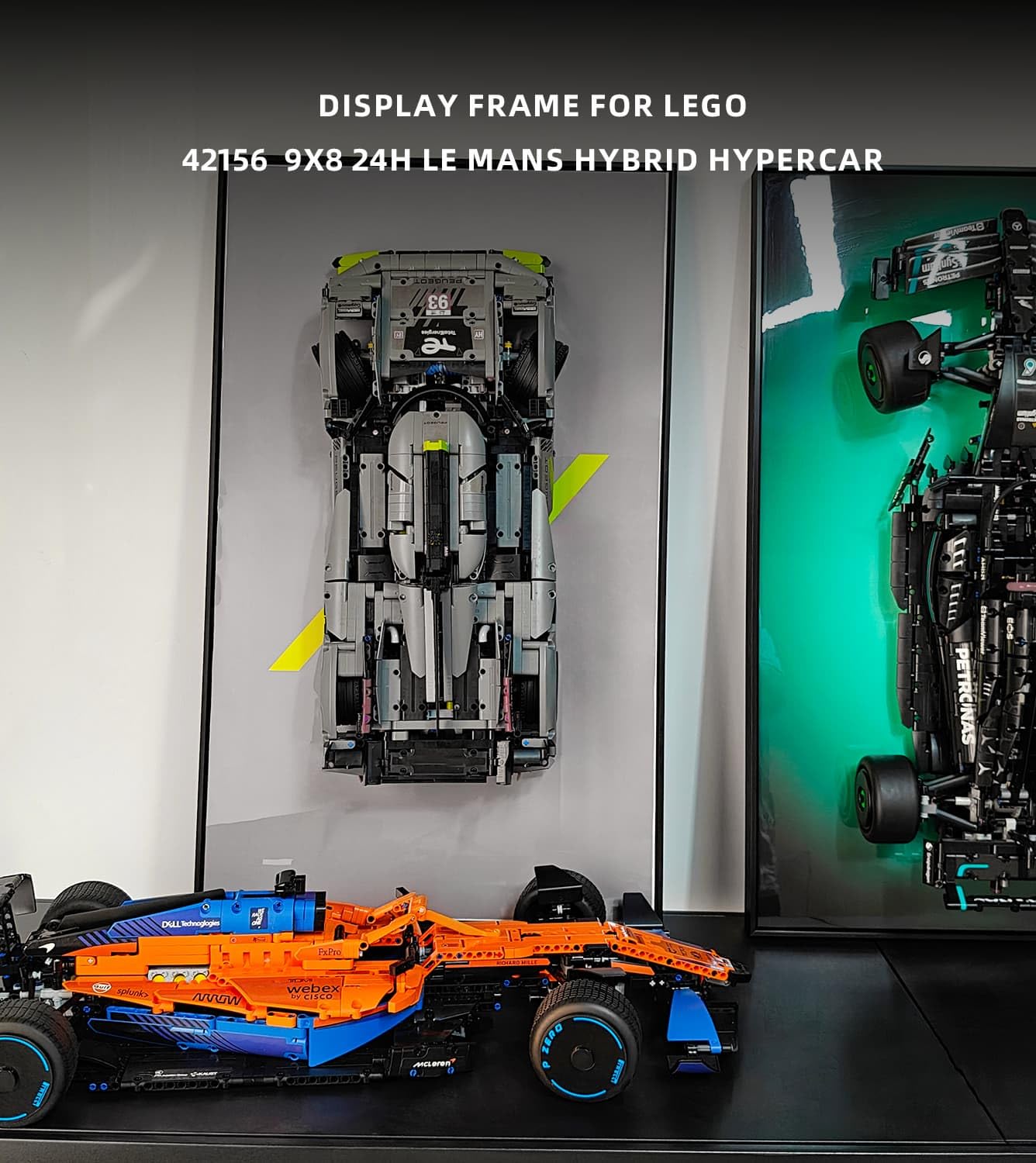 iCUANUTY Lego Technic Peugeot 9X8 24H Le Mans Hybrid Hypercar 42156 Display Wall Frame - 29.5x17.7 Inch Unique Decorative Mount for Lego Cars | Perfect Gift for Lego Enthusiasts | Home Office Decor & Collector Showcase