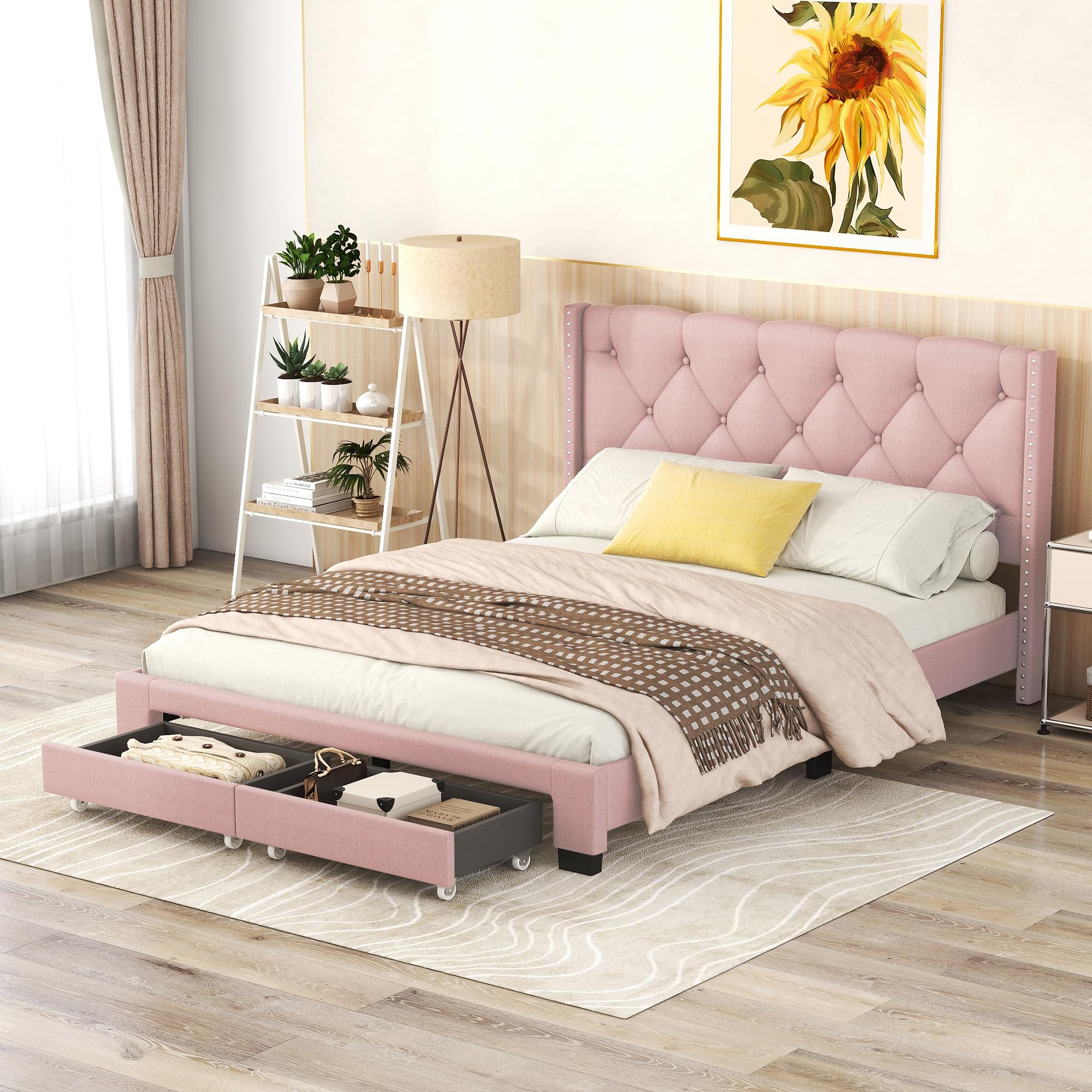 Merax Queen Size Linen Upholstered Platform Bed Frame with 2 Storage Drawers & Headboard - Pink Upholstered Bed for Teen Girls & Boys Bedroom | Modern Space-Saving Storage Solution for Small Rooms