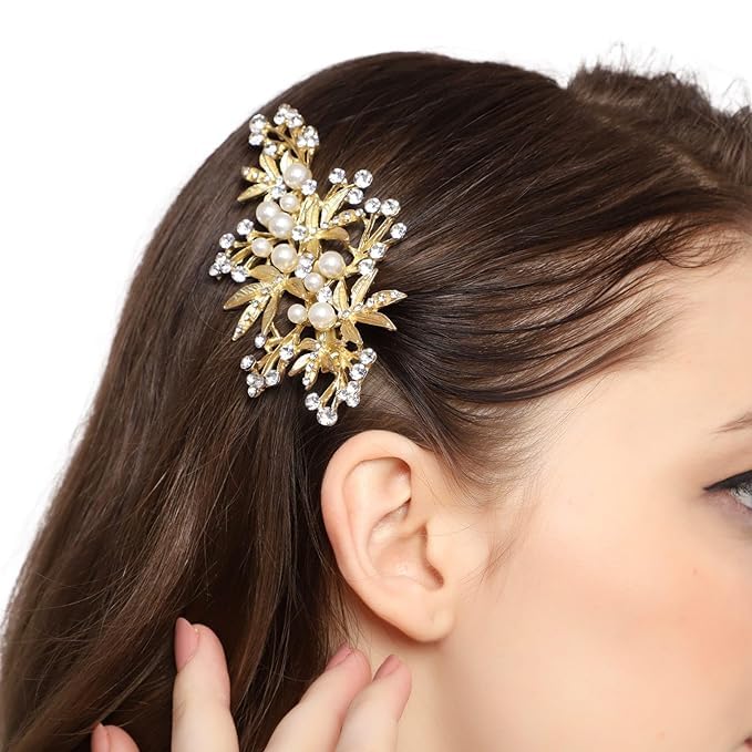 2Pcs Rhinestone Pearl Wedding Hair Clips - Crystal Bridal Hairpins with Leaf Design for Bride, Bridesmaids, Prom & Special Occasions - Elegant Barrette for Updos & Half-Up Hairstyles