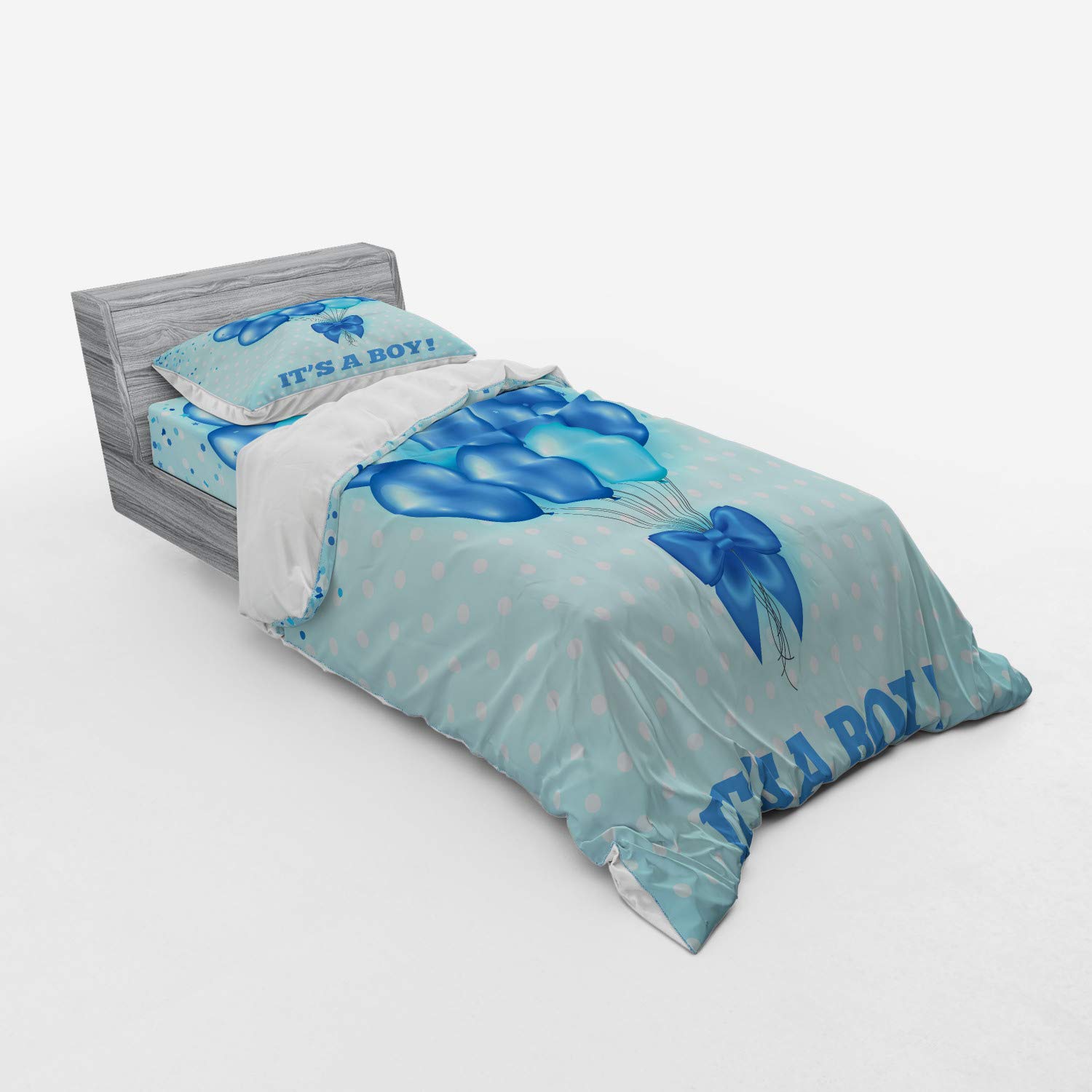 Ambesonne Blue Balloons Bedding Set - 3 Piece Duvet Cover with Sham & Fitted Sheet, Twin Size, Sky Blue Polka Dot Design - Perfect for Kids' Rooms, Birthday Decor & Themed Bedrooms