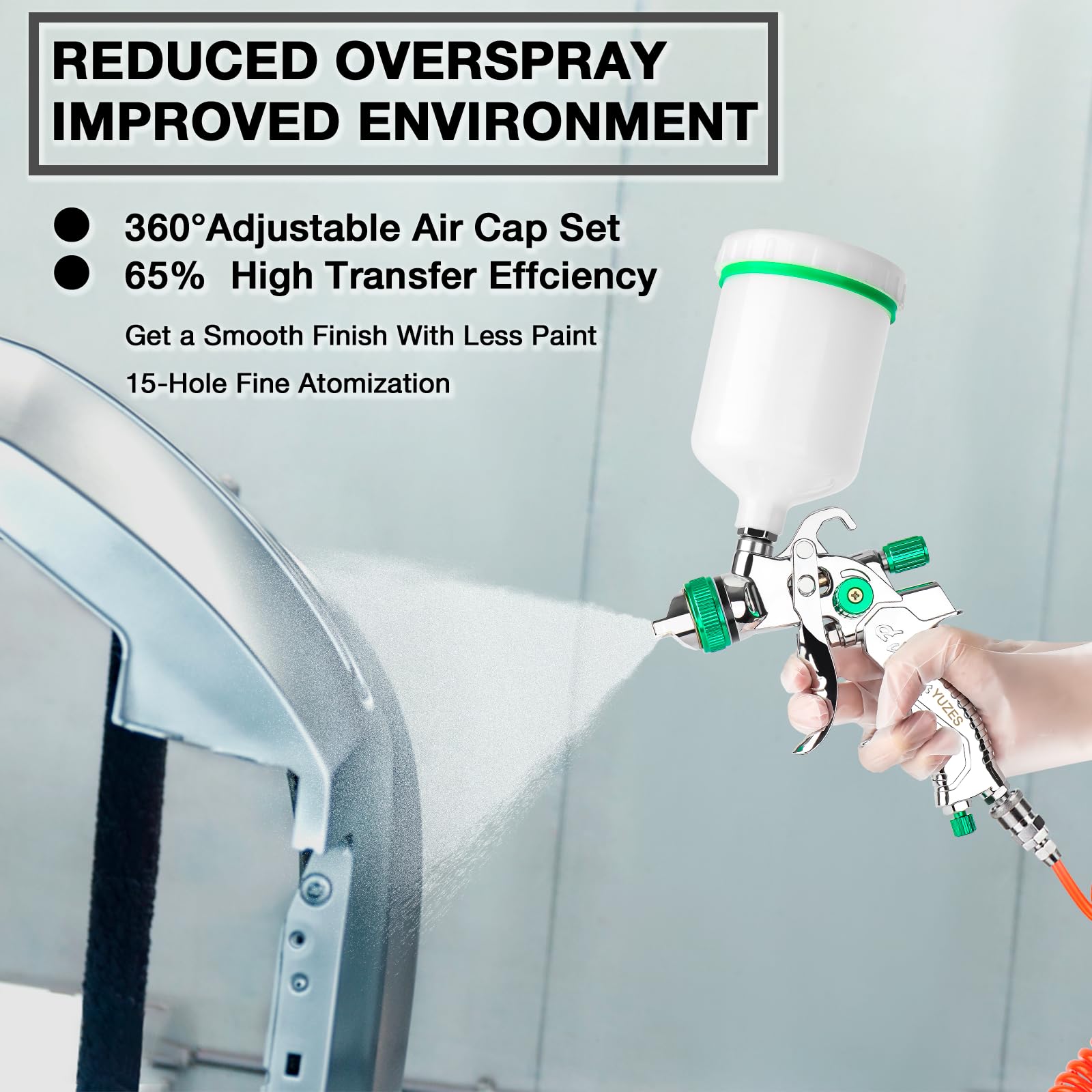 YUZES HVLP Spray Gun Kit with 1.4/1.7/2.0mm Copper Nozzles - Professional Automotive Paint Sprayer with Air Regulator & 10 Paper Funnels - Perfect for Car Painting, Furniture Refinishing, DIY Projects (Green)