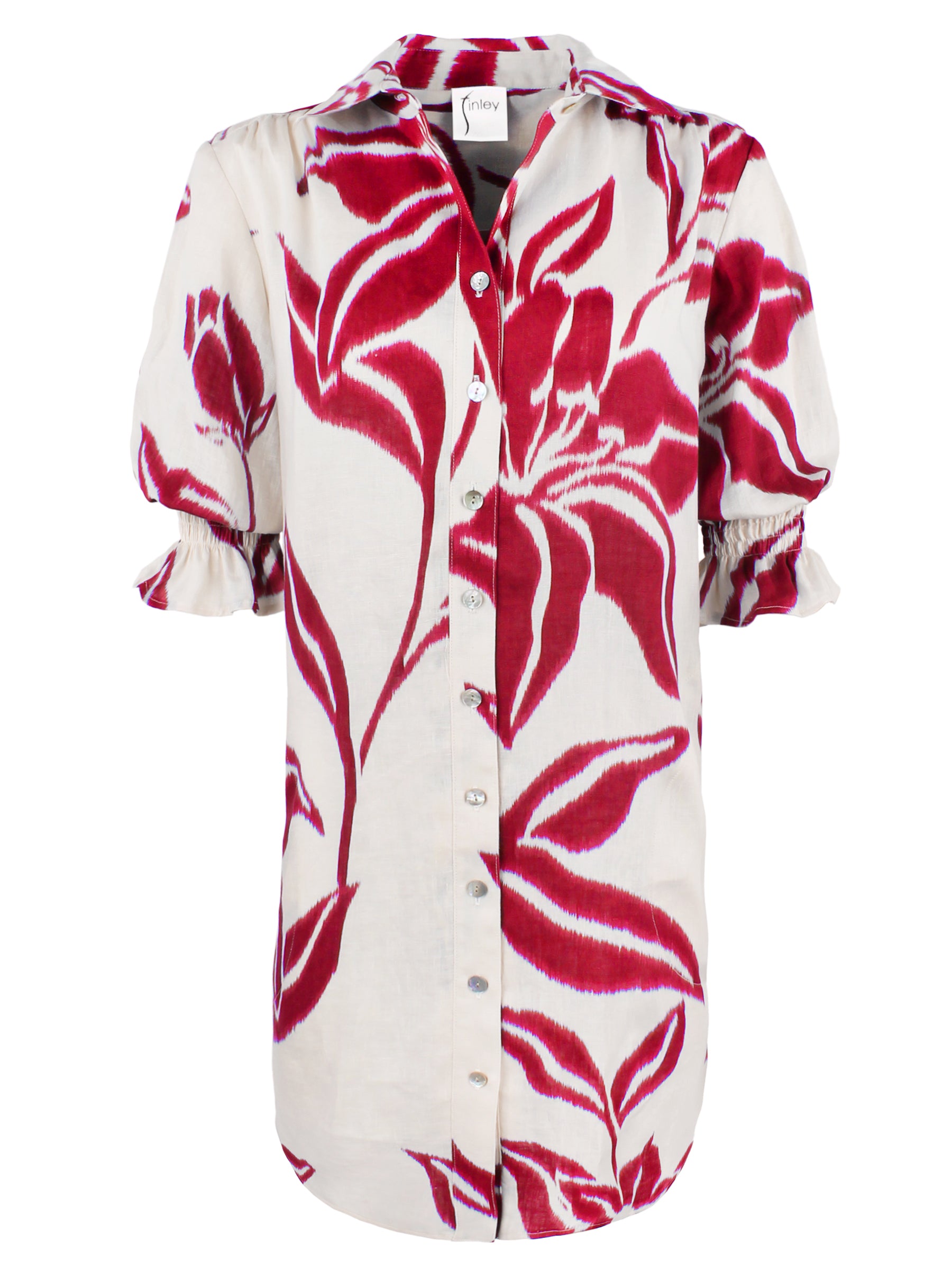 Miller Puff Sleeve Linen Shirt Dress - Natural/Raspberry Batik Print - Casual Summer Dress for Beach, Vacation & Everyday Wear