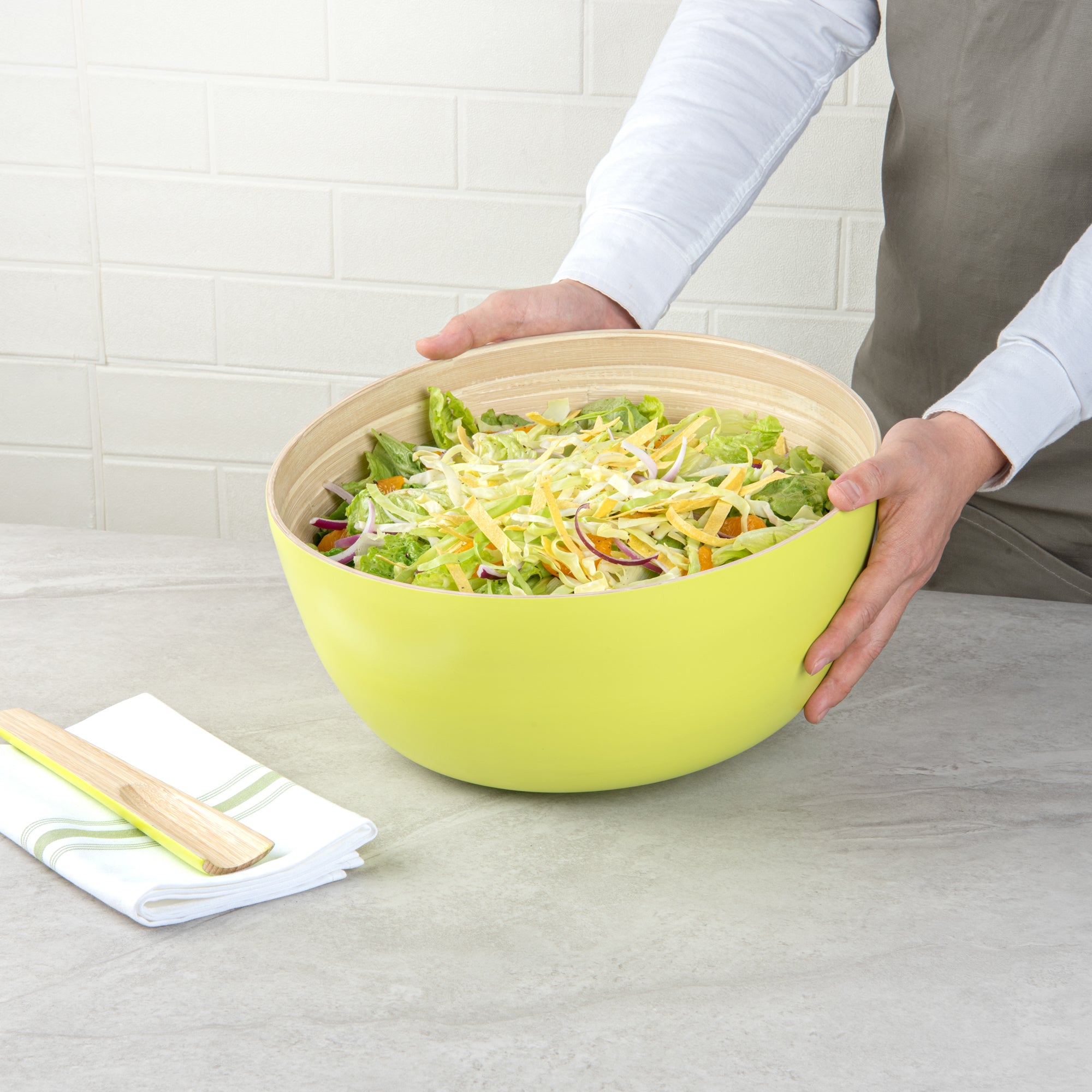 Bambuddha 51 oz Large Round Green Spun Bamboo Salad Bowl - 13.5