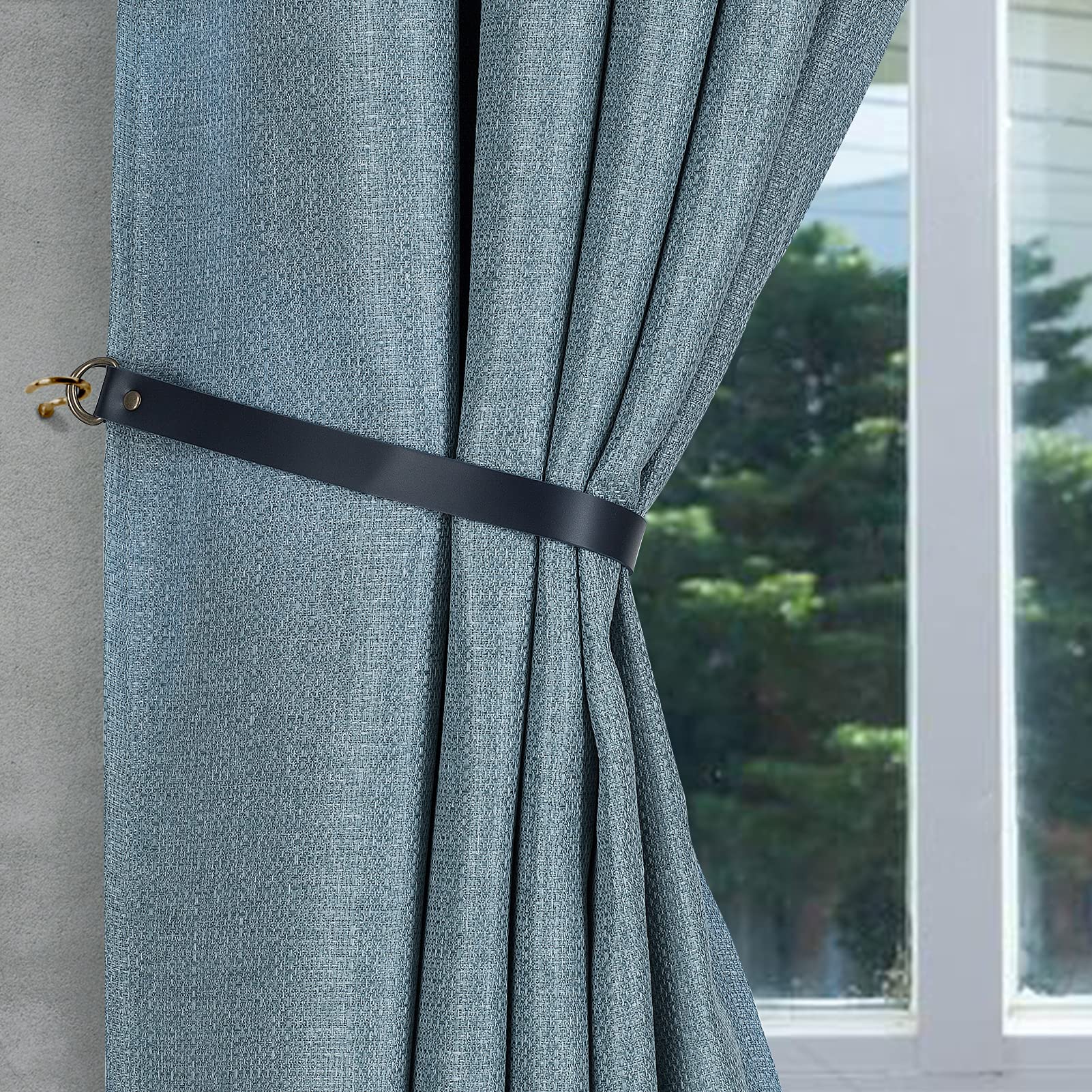 Leather Curtain Tie Backs - Set of 2 Navy Blue for Home & Outdoor Drapes