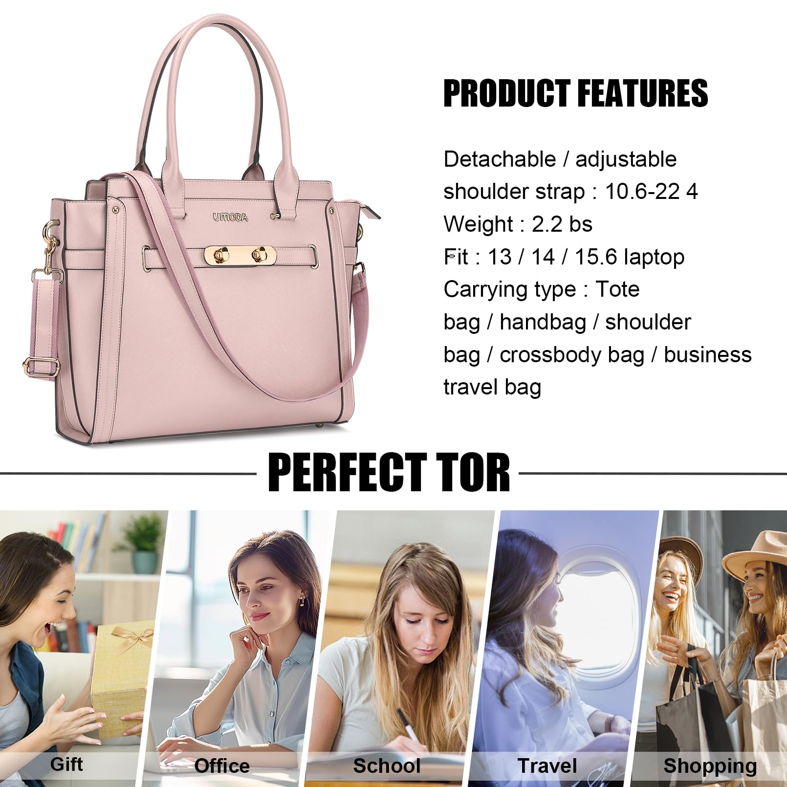 Stylish 15.6 Inch Laptop Tote Bag for Women - Light Pink Multi-Pocket Padded Computer Bag with USB Charging Port | Perfect for Work, Travel & College