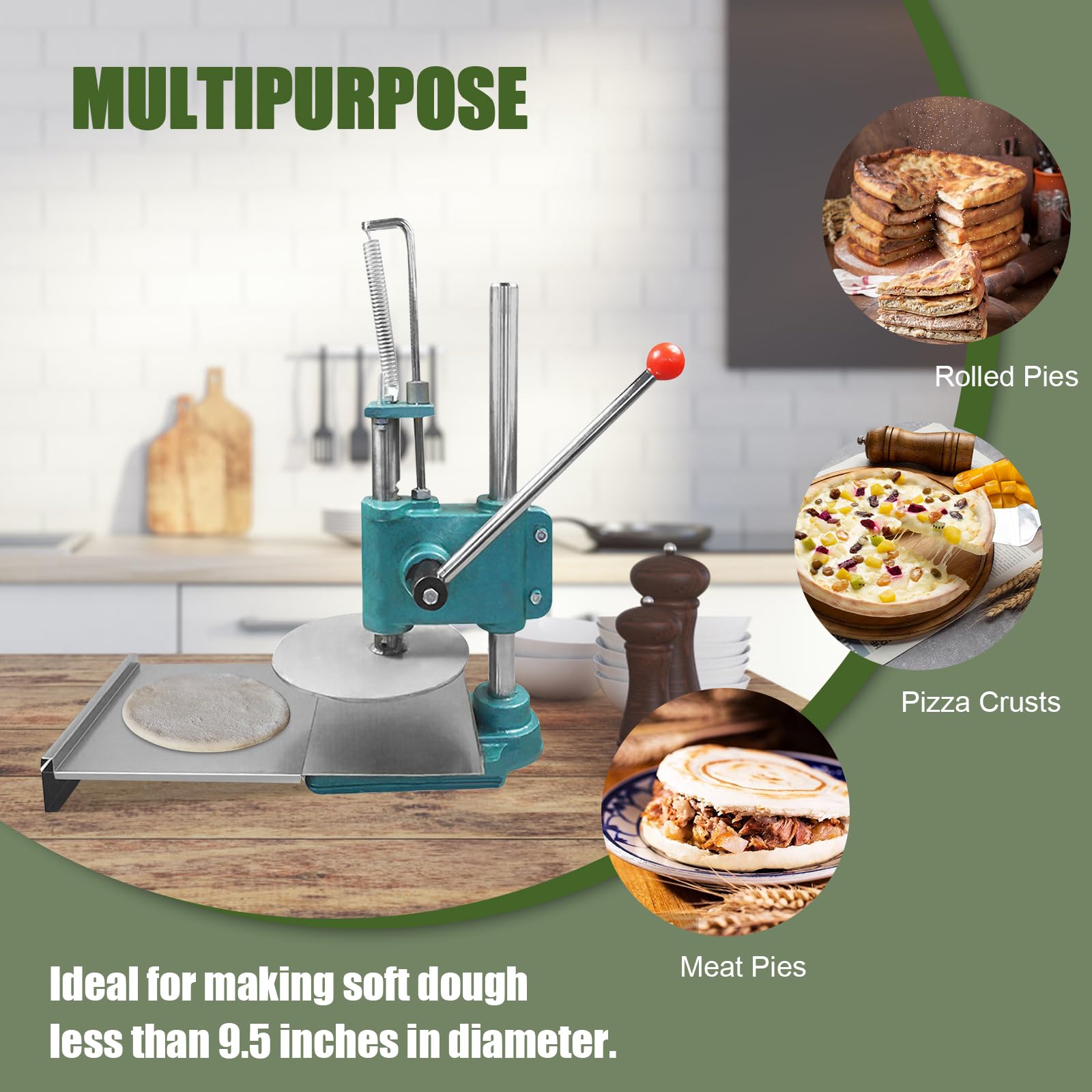 9.5 Inch Stainless Steel Pizza Dough Press - Manual Pastry Dough Sheeter Machine for Homemade Pizza, Flatbread & Pasta | Perfect for Home Kitchens & Pizzerias