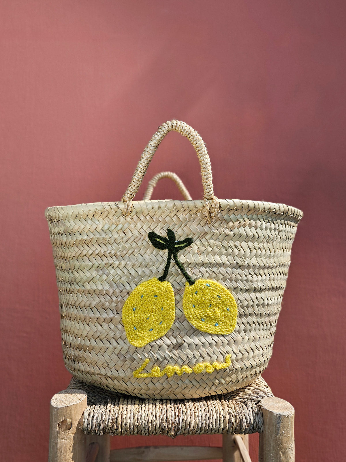 Hand Embroidered Cotton Market Basket with Lemon Design - Perfect for Farmers Market, Picnics & Home Decor