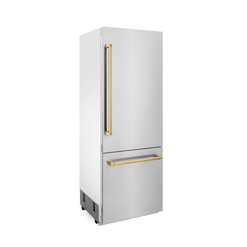 ZLINE Autograph Edition 30-inch 16.1 cu. ft. Built-In Bottom Freezer Refrigerator with Water Dispenser & Ice Maker - Stainless Steel with Polished Gold Accents (RBIVZ 304 30 G) - Perfect for Modern Kitchens & Luxury Homes
