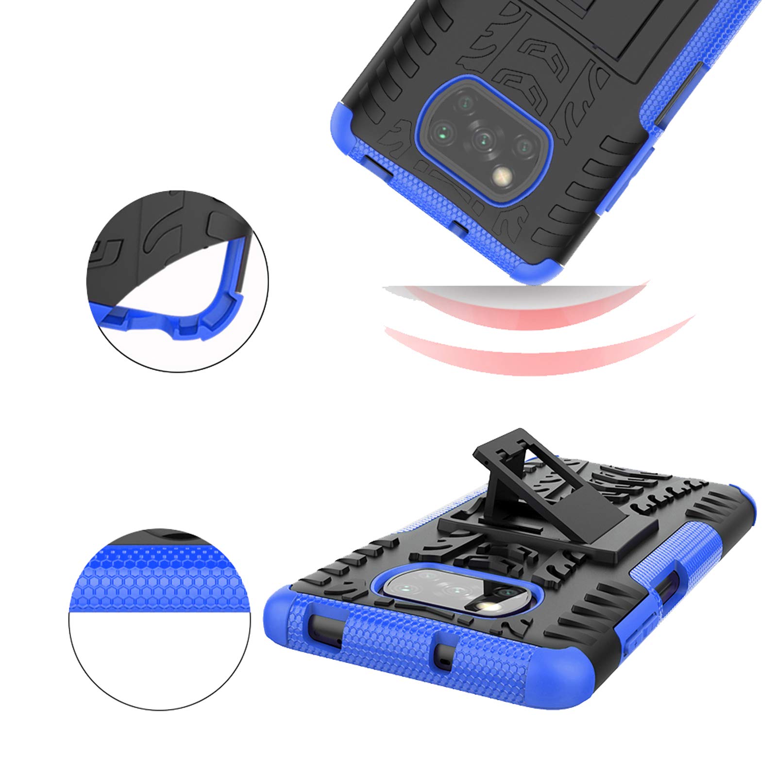**Shockproof Rugged Phone Case for Xiaomi Poco X3/Poco X3 NFC with Tempered Glass Screen Protector & Kickstand – Durable Hybrid Protective Cover for Men (Black/Blue) – Perfect for Outdoor, Work & Travel**