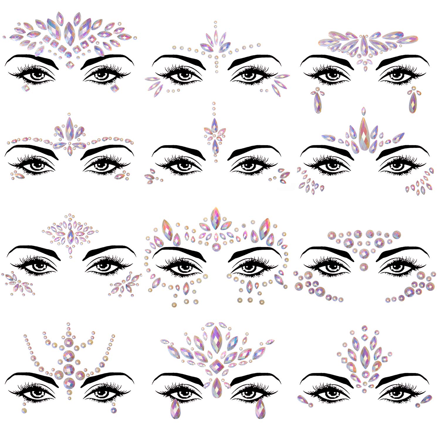 SIQUK 12 Sets Glow in the Dark Face Gems - Luminous Mermaid Temporary Tattoo Stickers - Acrylic Face Crystals for Party, Rave, Festival & Halloween Makeup - Perfect for Costume, Body Art & Night Events