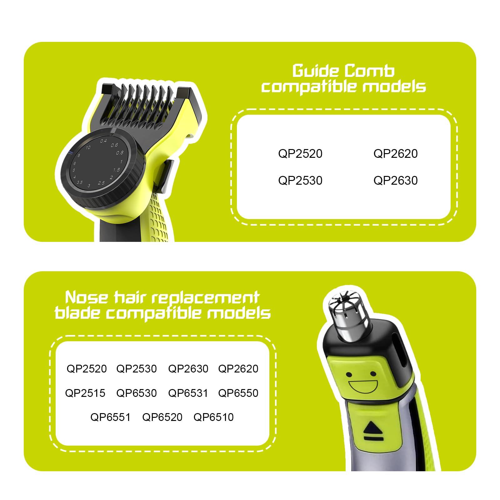 Philips One Blade Replacement Heads & 14 Length Attachments Kit - Compatible with QP2520 QP2530 QP2620 QP2630 QP2724 QP2820 Models - Includes Nose Trimmer & Guard Comb - Perfect for Home, Travel & Grooming Essentials