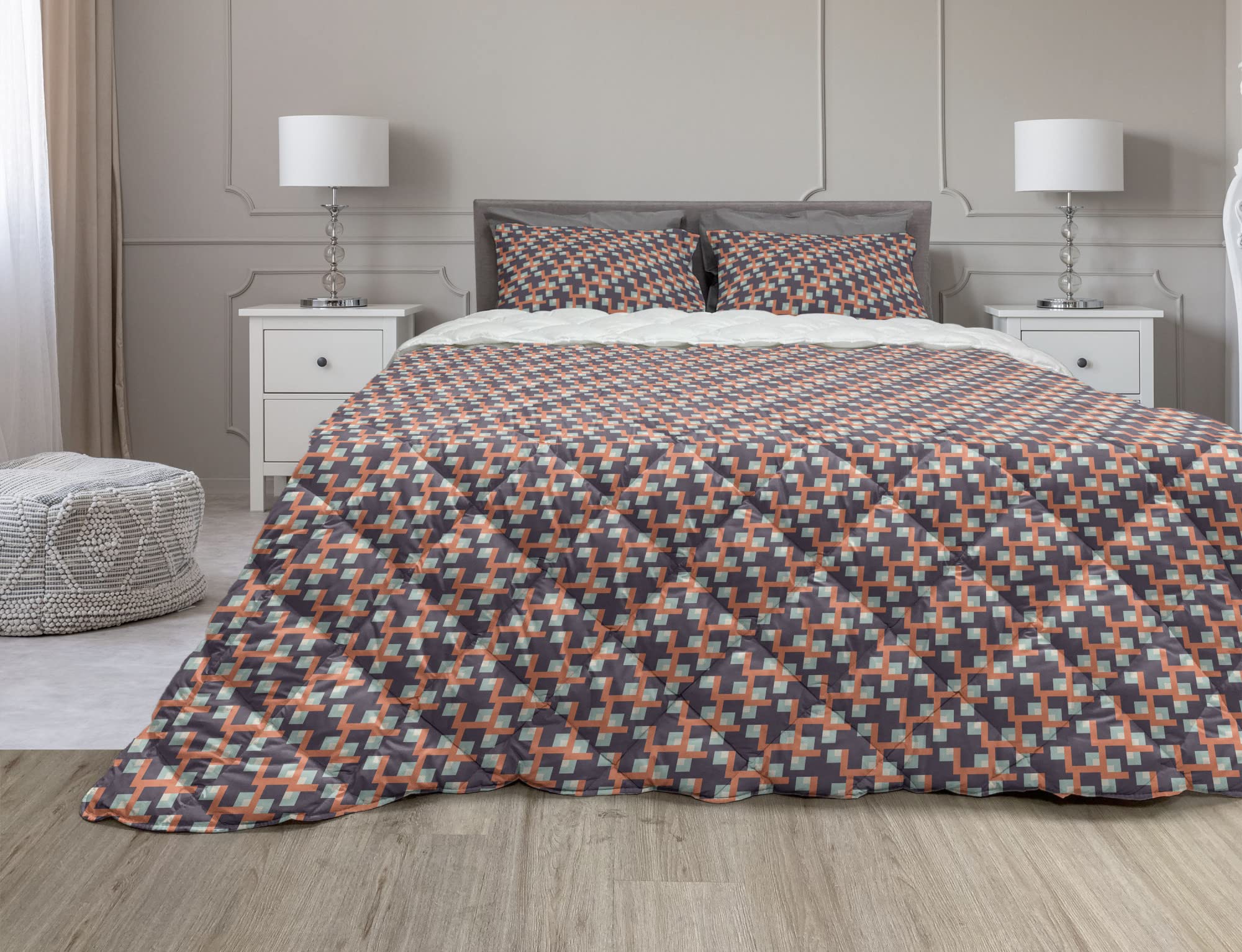 Ambesonne Abstract Art Comforter Set - Geometric Pattern Duvet Cover with Retro Digital Squares Design, 3-Piece Microfiber Bedding Set (Full Size, Salmon & Eggplant) - Perfect for Modern Bedrooms, Guest Rooms & College Dorms