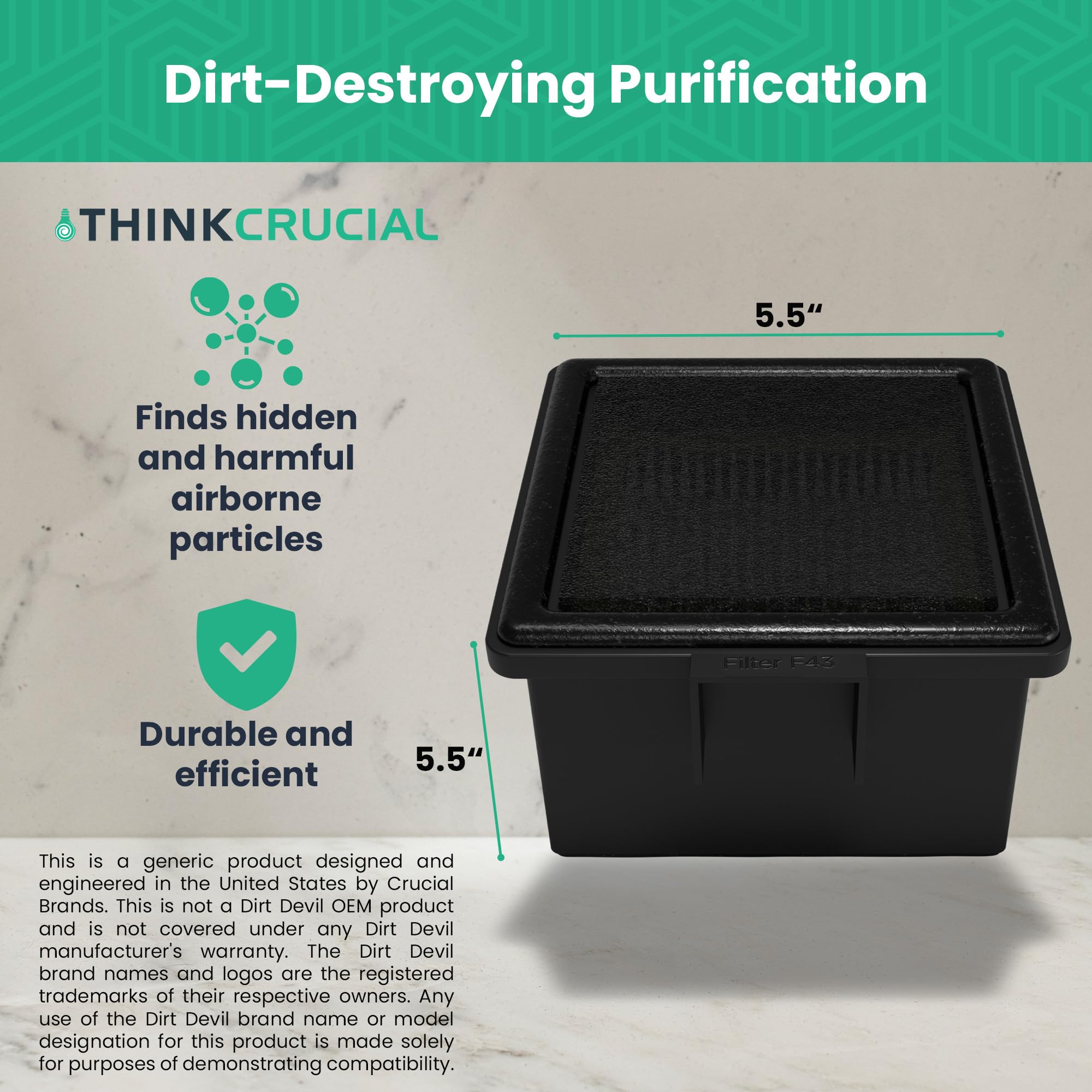 Crucial HEPA Vacuum Filters for Dirt Devil F-43 - 2 Pack for Home Cleaning