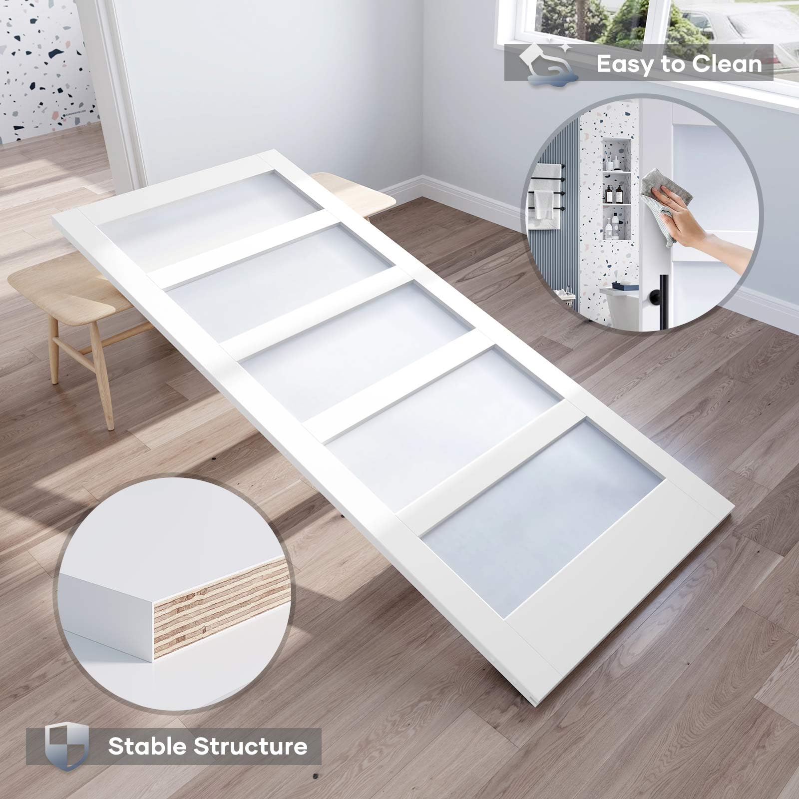 48x84 Inch Frosted Glass Sliding Barn Door with 8ft Hardware Kit - White Waterproof & Scratch-Resistant PVC LVL Wood Panel - Easy DIY Installation for Bedroom, Closet, or Office Partition