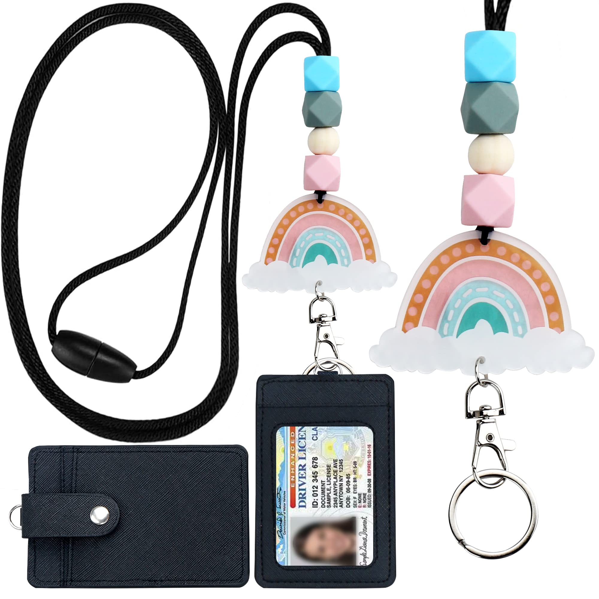 Cute Beaded Teacher Lanyards for ID Badges & Keys - Detachable with Card Slots for School & Office Use