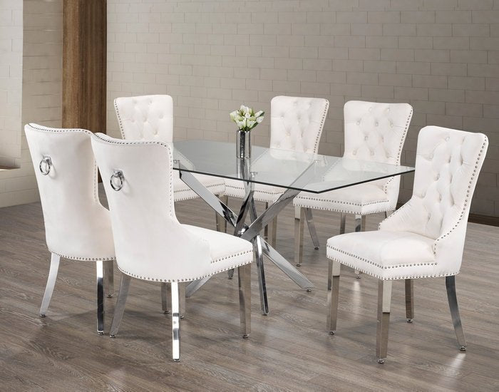 Elegant Glass Dining Table with Swivel Chrome Legs & Cream Velvet Chairs - Modern Chrome Accent Furniture for Dining Room, Kitchen, or Office Conference Area