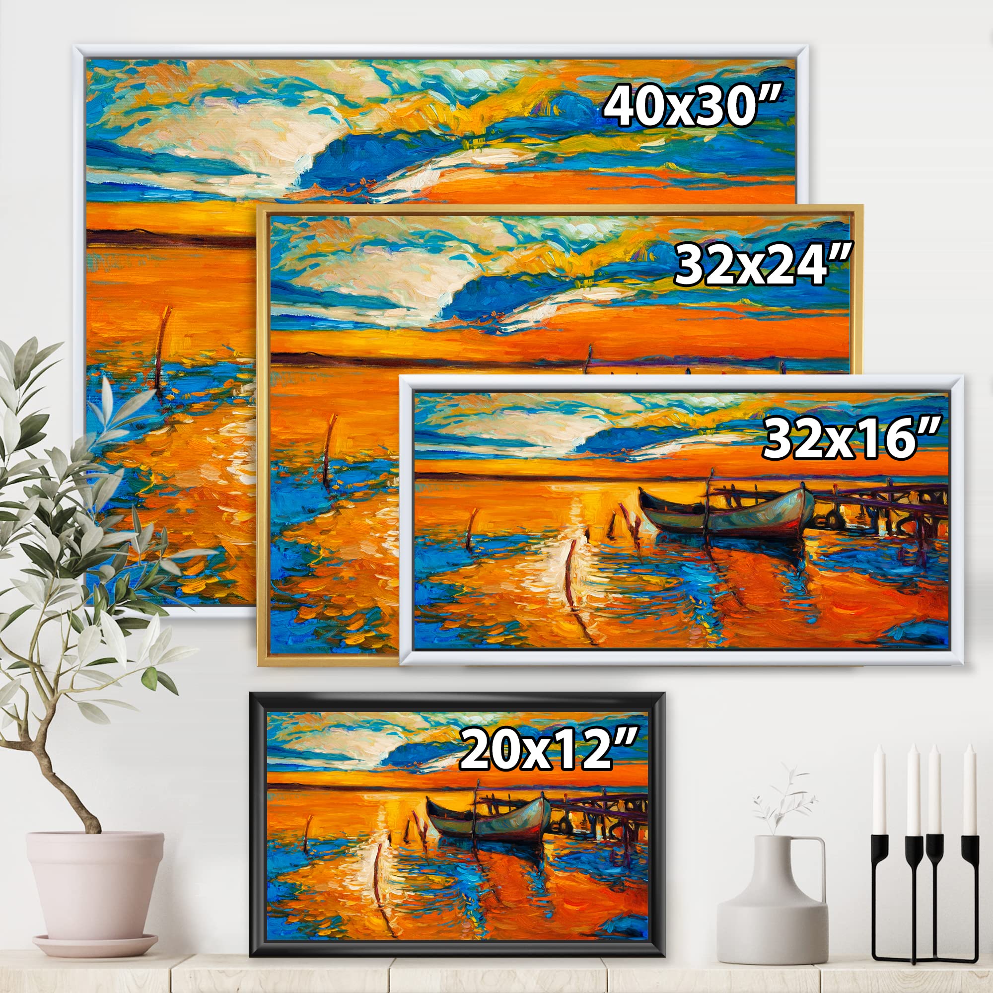 DesignQ Lake Sunset Boat Painting - Nautical & Coastal Framed Canvas Wall Art Print for Living Room, Bedroom, or Office Decor