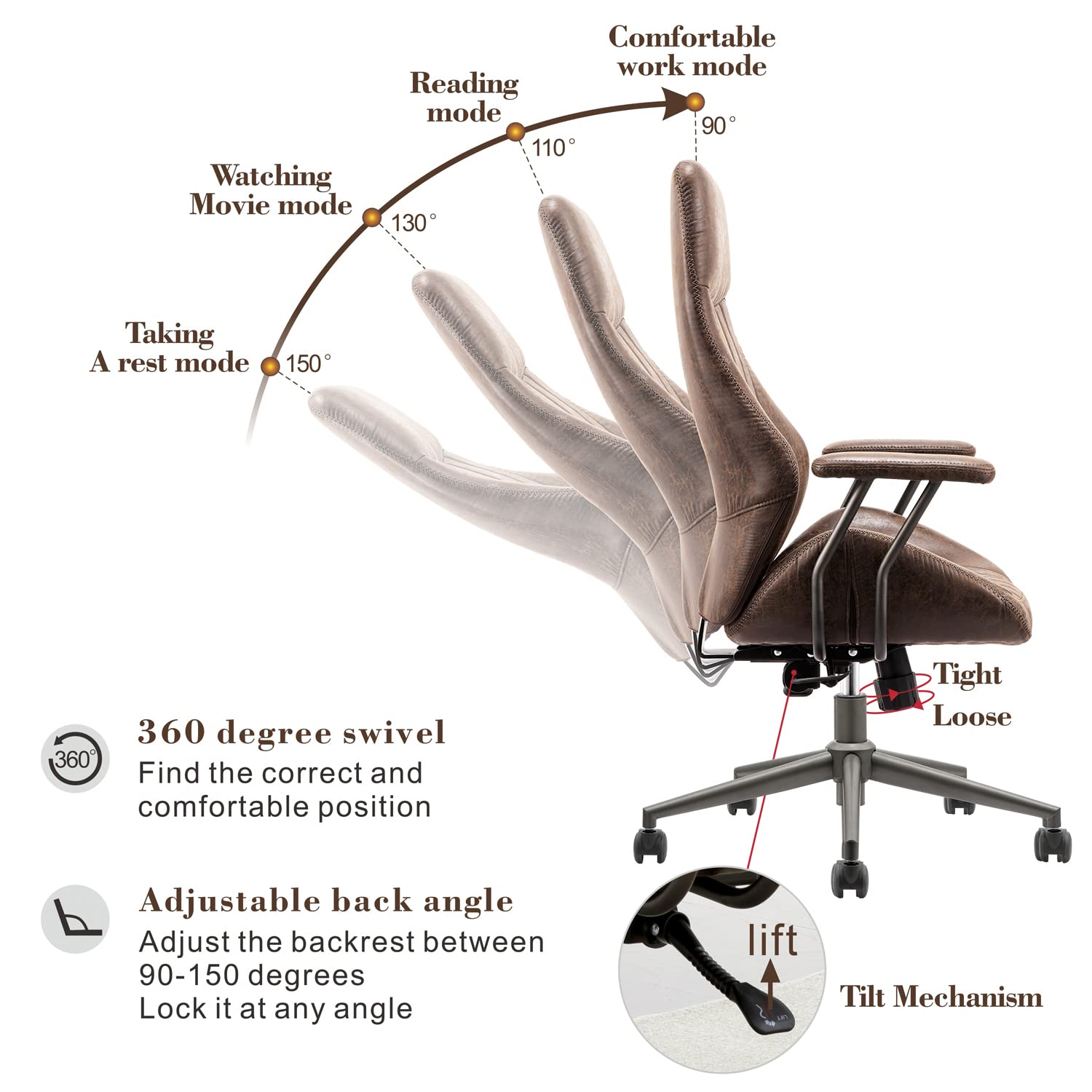 Premium Ergonomic Office Chair - OVIOS High Back Executive Chair with Deep Seat, Suede Leather Upholstery, Dark Coffee - Perfect for Home Office, Gaming & Workspaces