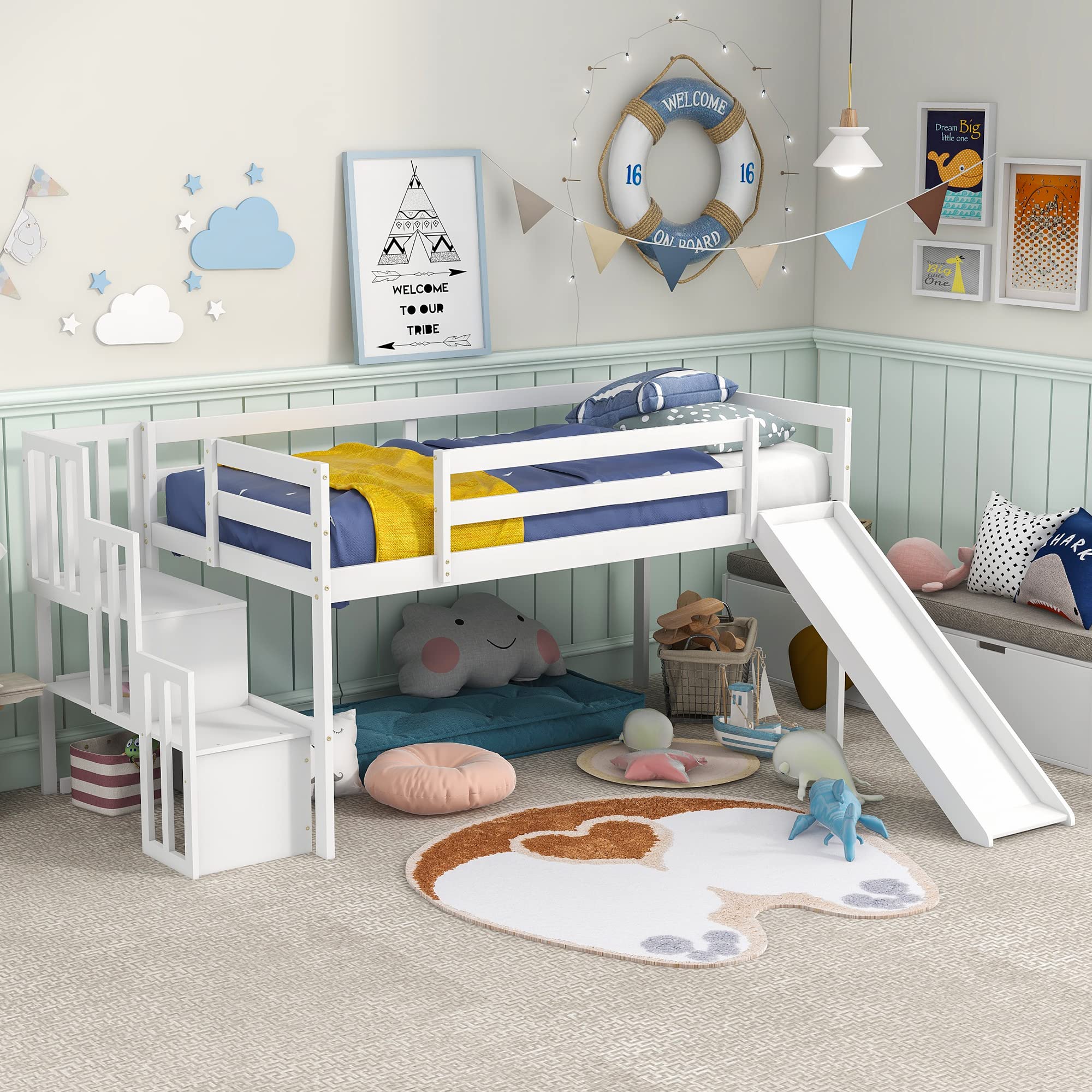 Merax Solid Wood Twin Size Low Loft Bed with Adjustable Slide & Staircase - No Box Spring Needed - White - Perfect for Kids' Rooms, Small Spaces & Dorm Rooms