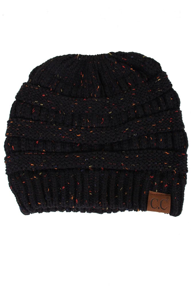 JINS CLOSET Women's Confetti Beanie - Ponytail & Messy Bun Winter Hat with Ribbed Design | Warm Knit Cap for Outdoor Activities, Running, Hiking & Casual Wear