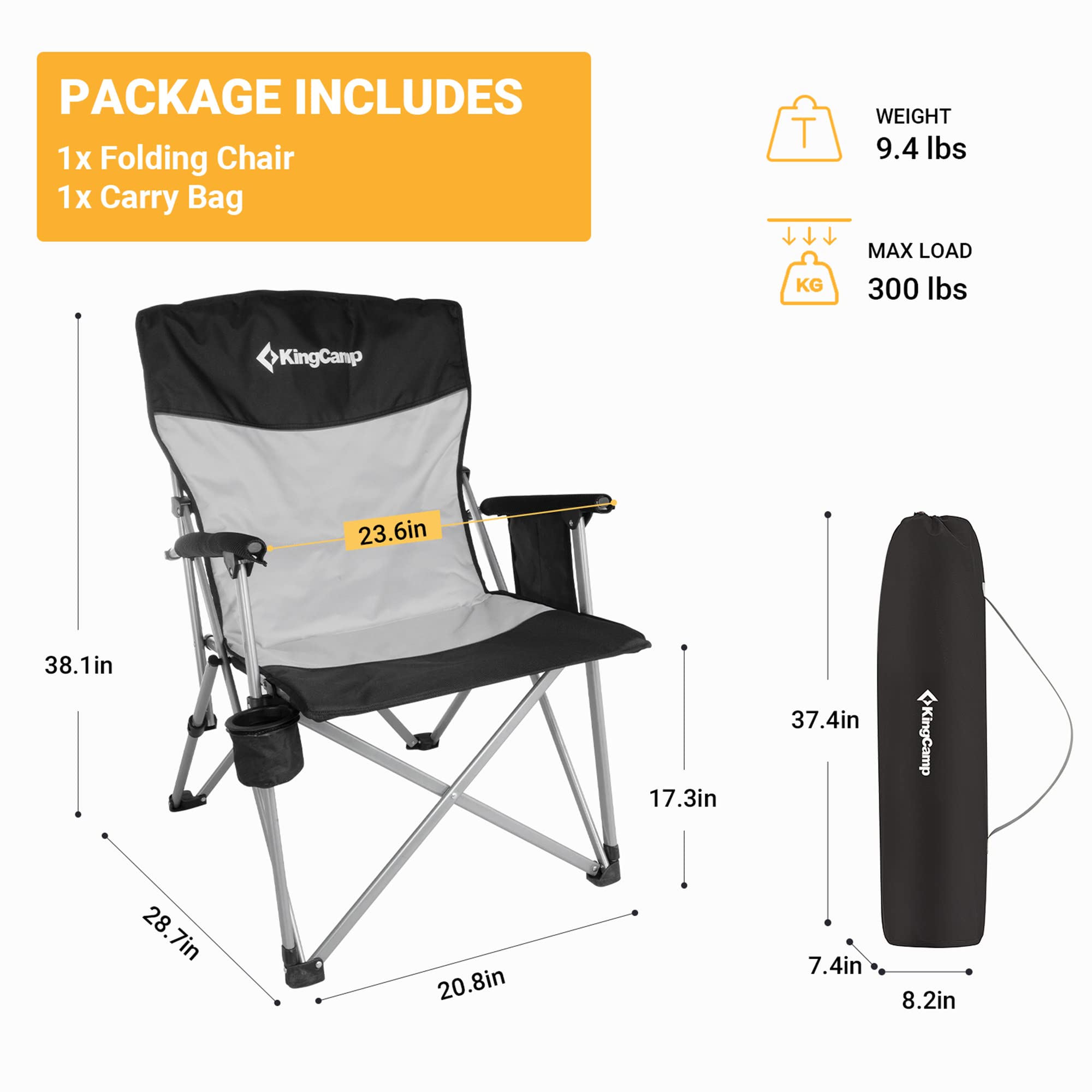 KingCamp Oversized Folding Camping Chair for Adults - Heavy Duty 300 lbs Capacity, Adjustable Backrest, Armrests & Cup Holder - Perfect for Outdoor Camping, Picnics, Travel, Beach, BBQ, Backyard & Tailgating