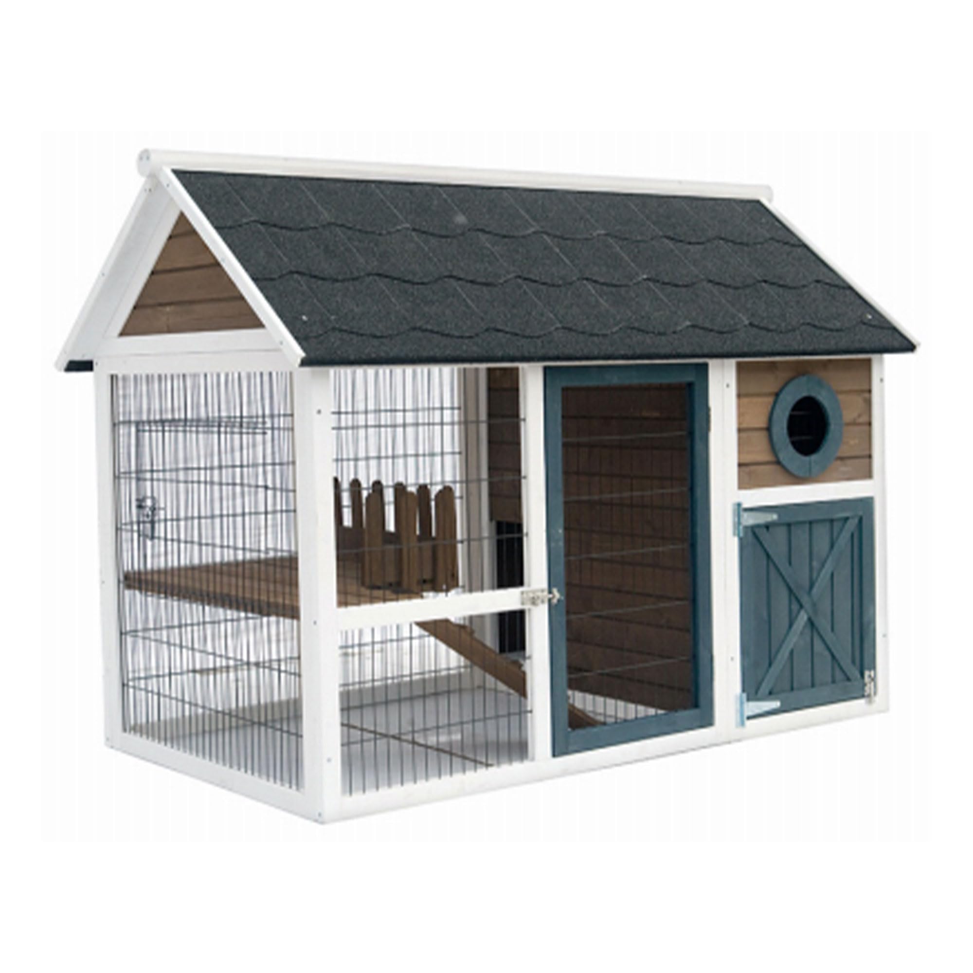 Old Fashioned 2-Story Rabbit Hutch with Asphalt Roof - Outdoor Bunny Barn for Roaming & Play | Easy-Clean Pull-Out Metal Tray | Perfect for Backyard Rabbit Housing & Pet Play Area