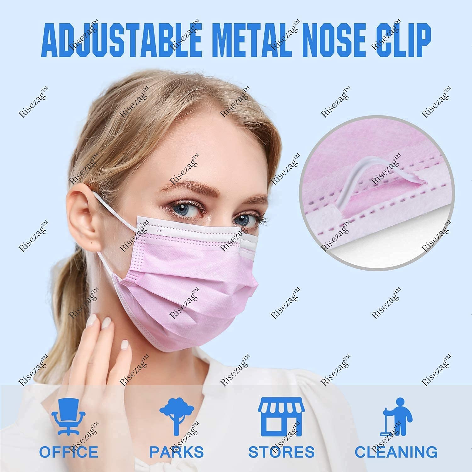 Wisezag 100-Pack Pink Disposable Face Masks for Women - 3-Ply Meltblown Fabric, Nose Clip, Breathable & Comfortable - Ideal for Daily Use, Travel, and Pollution Protection