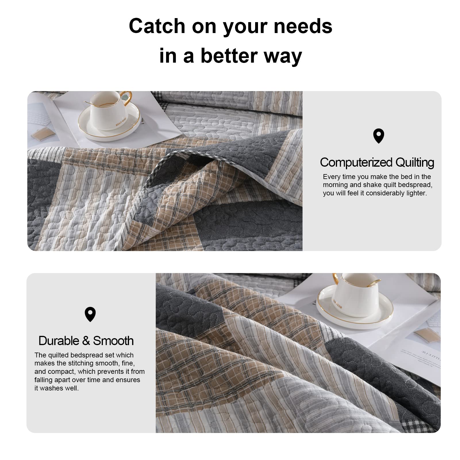 PANGUSHAN 100% Cotton Queen Size Quilt Set - Reversible Patchwork Plaid Bedding | Farmhouse Lightweight Comforter in Grey, Black, Tan, White & Cream | 3-Piece Bedspread for Cozy Home Decor & Guest Room Styling