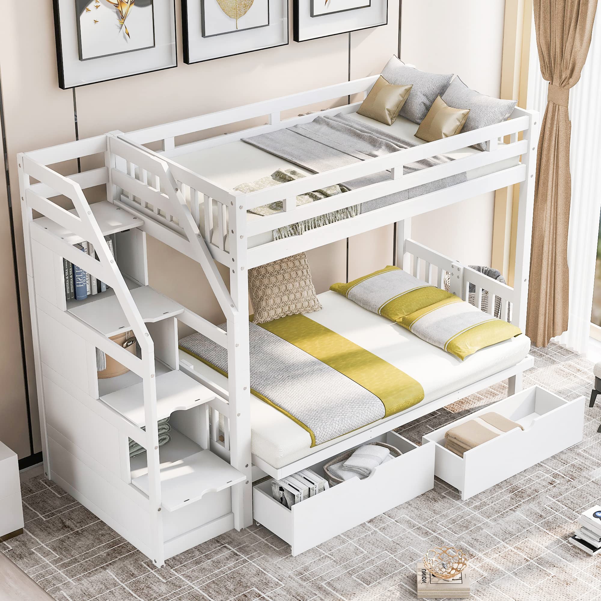 Merax Twin Over Full Bunk Bed with 2 Drawers & Staircase - Convertible Wooden Loft Bed Frame, Daybed Conversion - White - Space Saving Kids Bedroom Furniture for Small Rooms & Shared Spaces